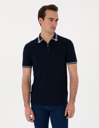 Lacivert Slim Fit %100 Pamuk Fermuarlı Polo Yaka Tişört