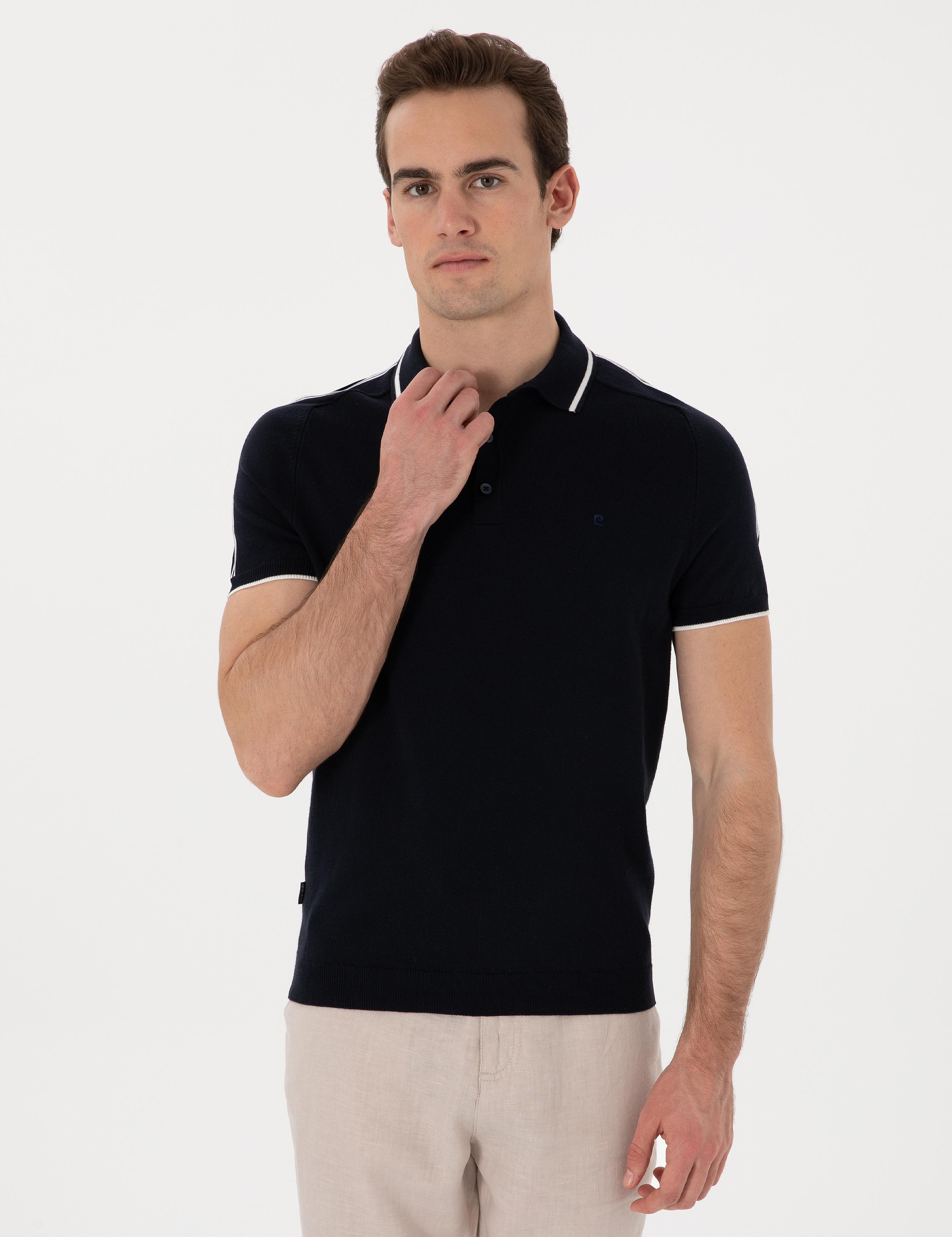 Lacivert Slim Fit Düğmeli Polo Yaka Triko Tişört