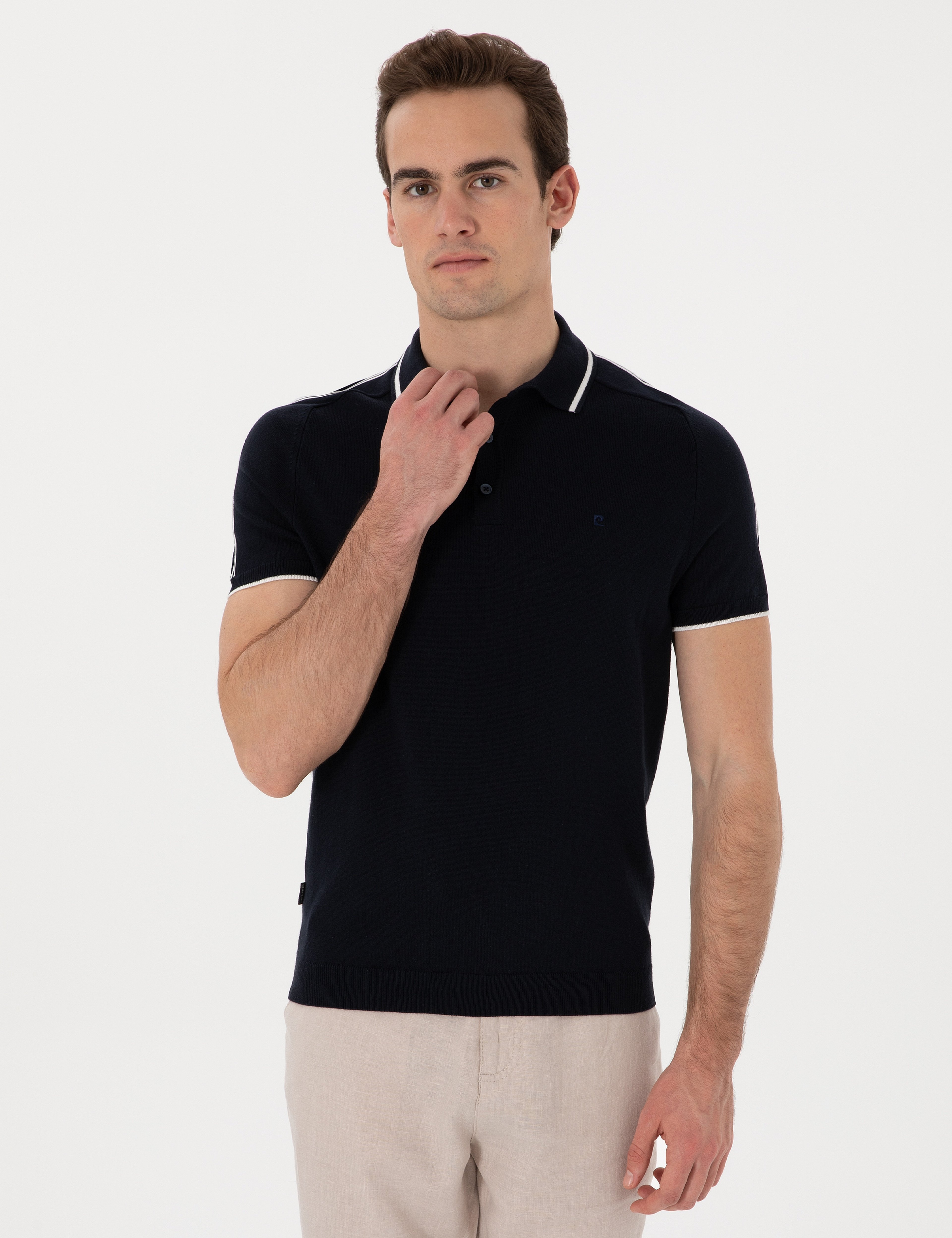 Lacivert Slim Fit Düğmeli Polo Yaka Triko Tişört - Image 1