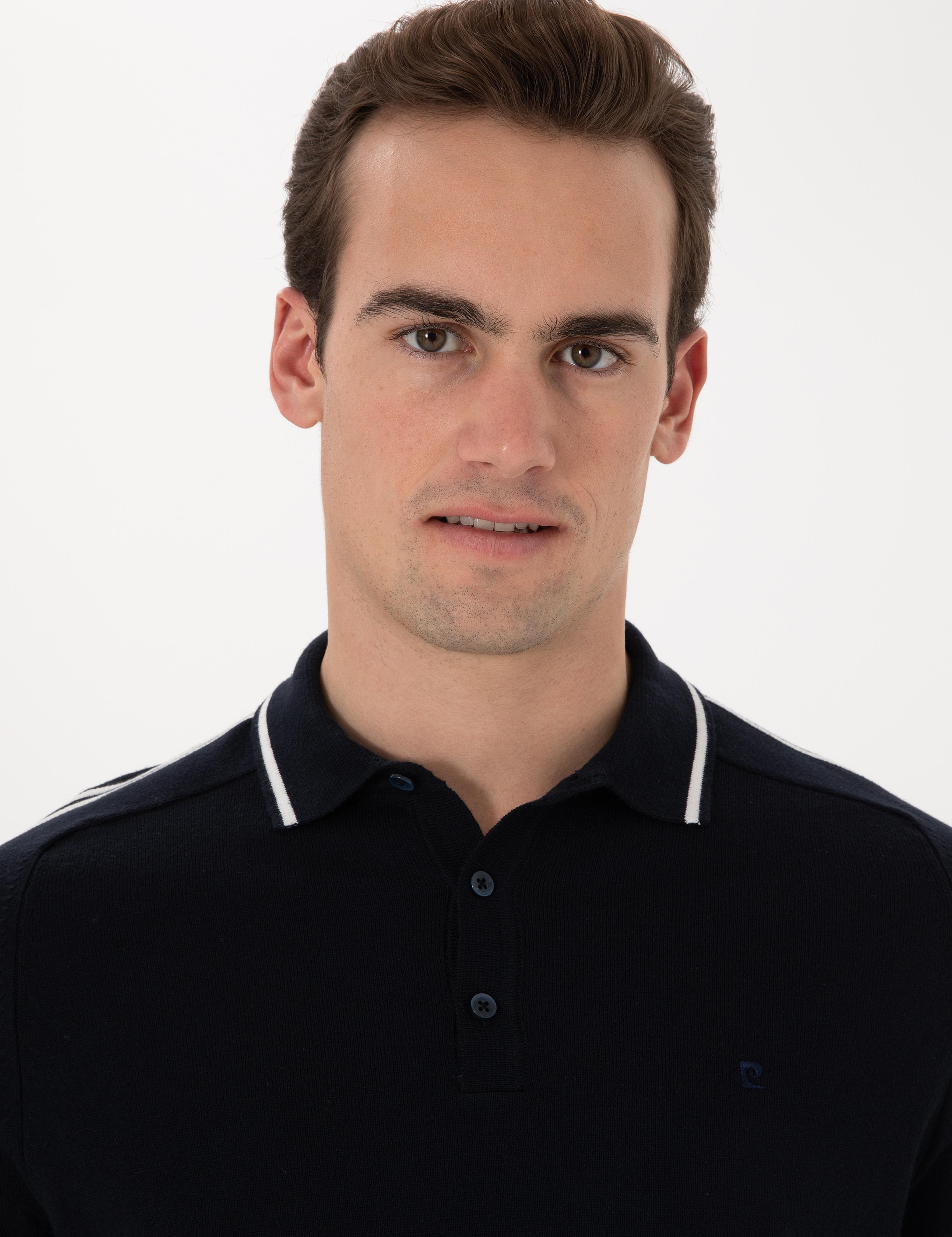 Lacivert Slim Fit Düğmeli Polo Yaka Triko Tişört