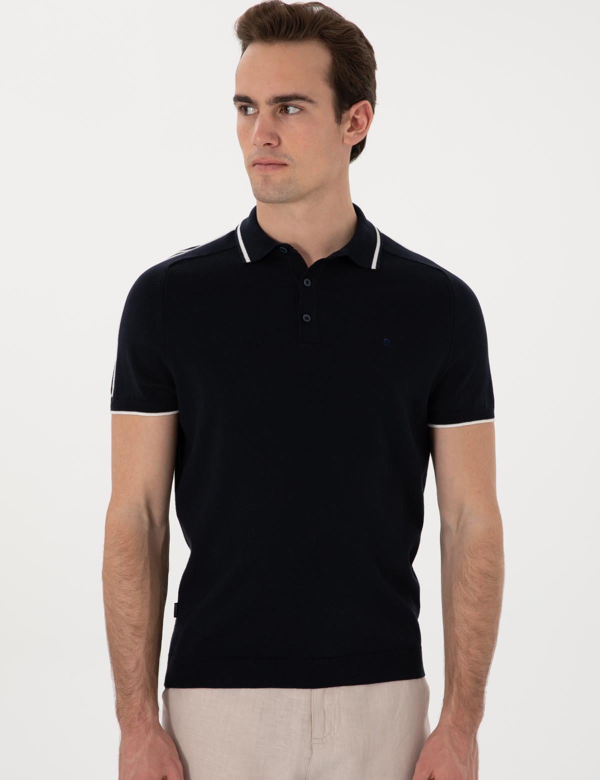 Lacivert Slim Fit Düğmeli Polo Yaka Triko Tişört - 50307314008