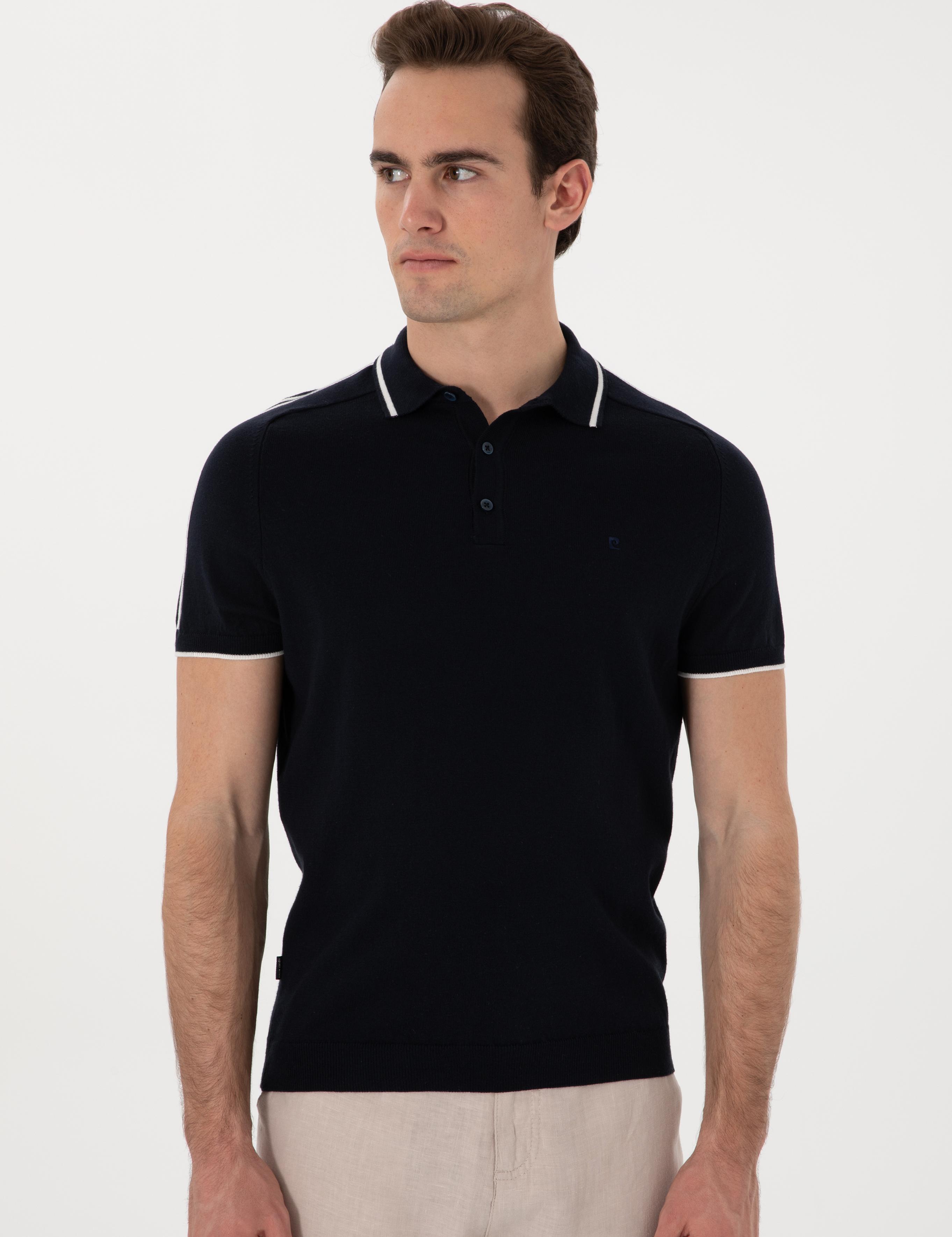 Lacivert Slim Fit Düğmeli Polo Yaka Triko Tişört