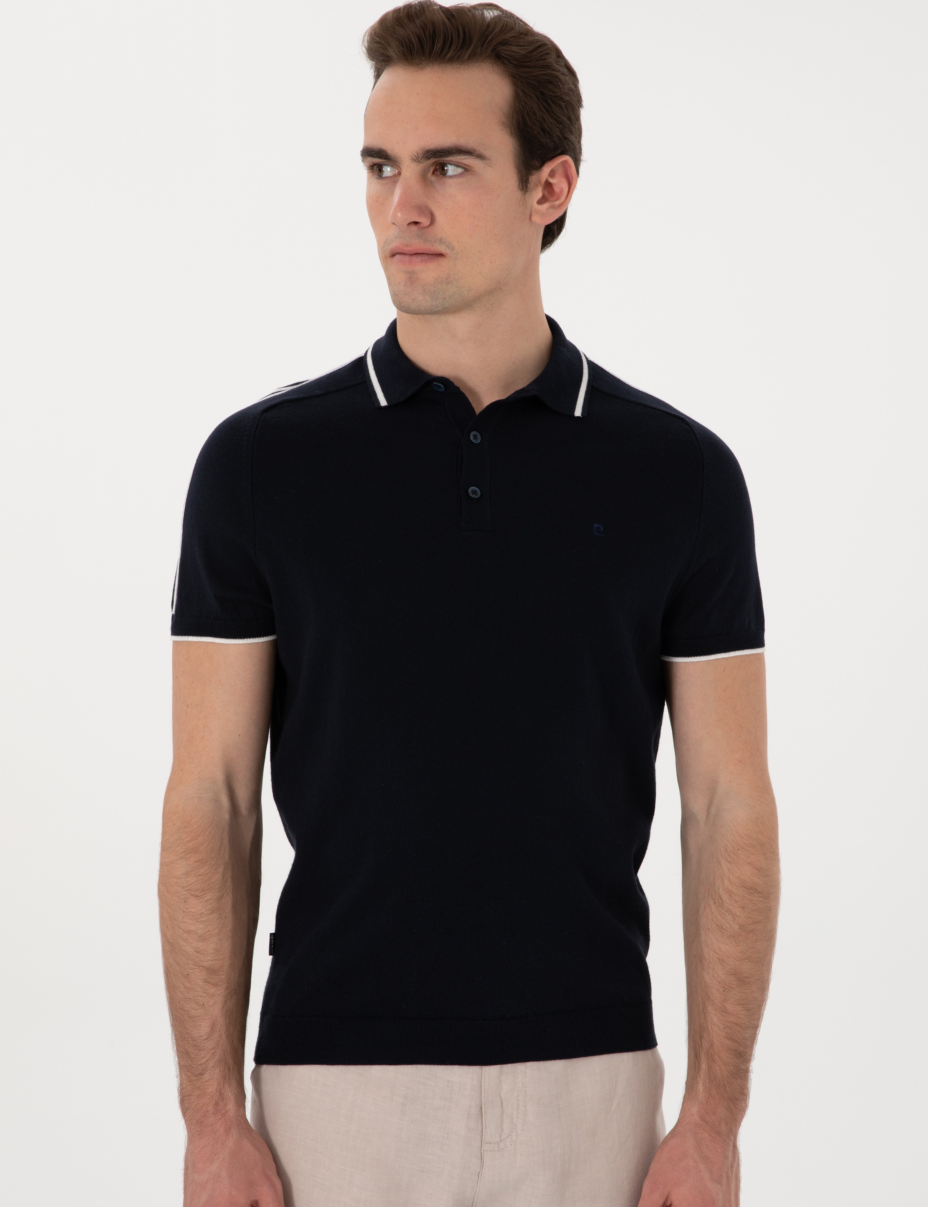 Lacivert Slim Fit Düğmeli Polo Yaka Triko Tişört - Image 3