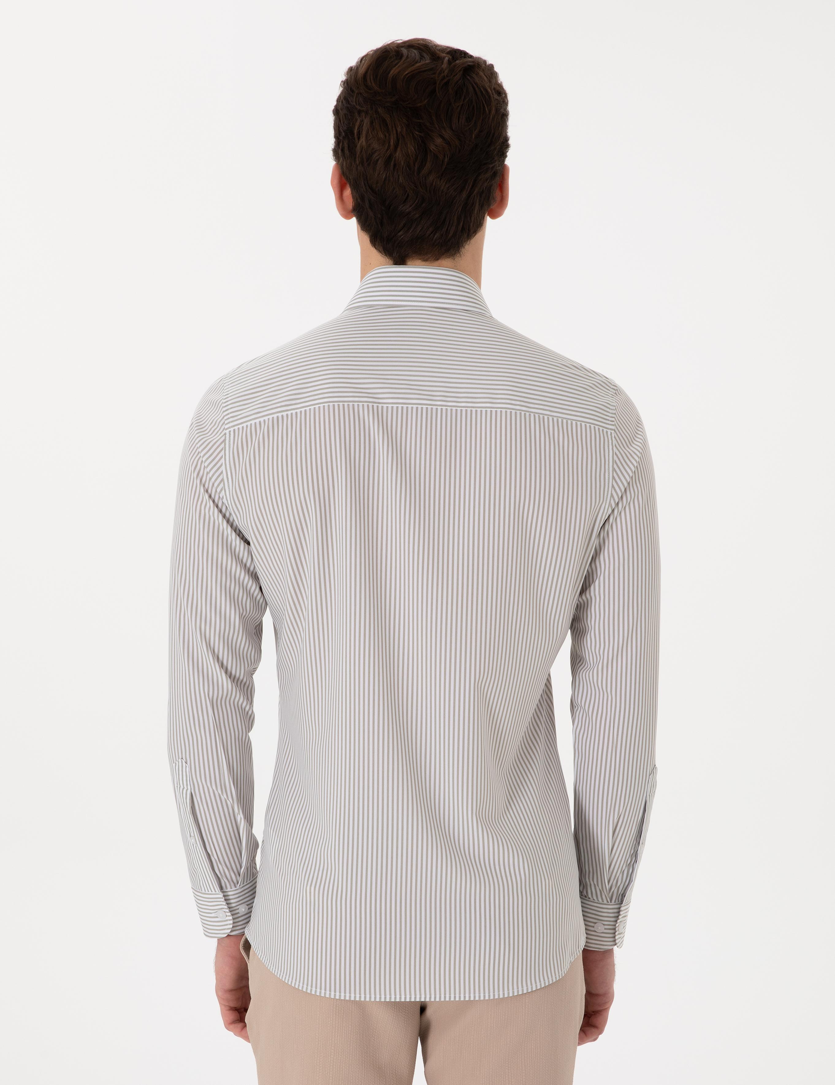 Haki Likralı Çizgili Ex. Slim Fit Uzun Kollu Gömlek