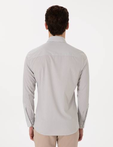 Haki Likralı Çizgili Ekstra Slim Fit Uzun Kollu Gömlek