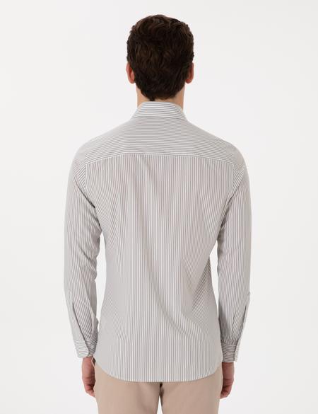 Haki Likralı Çizgili Ex. Slim Fit Uzun Kollu Gömlek - 50303897019