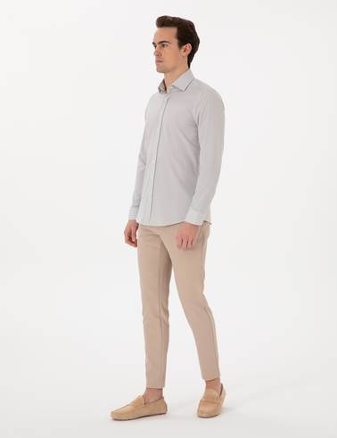 Haki Likralı Çizgili Ekstra Slim Fit Uzun Kollu Gömlek