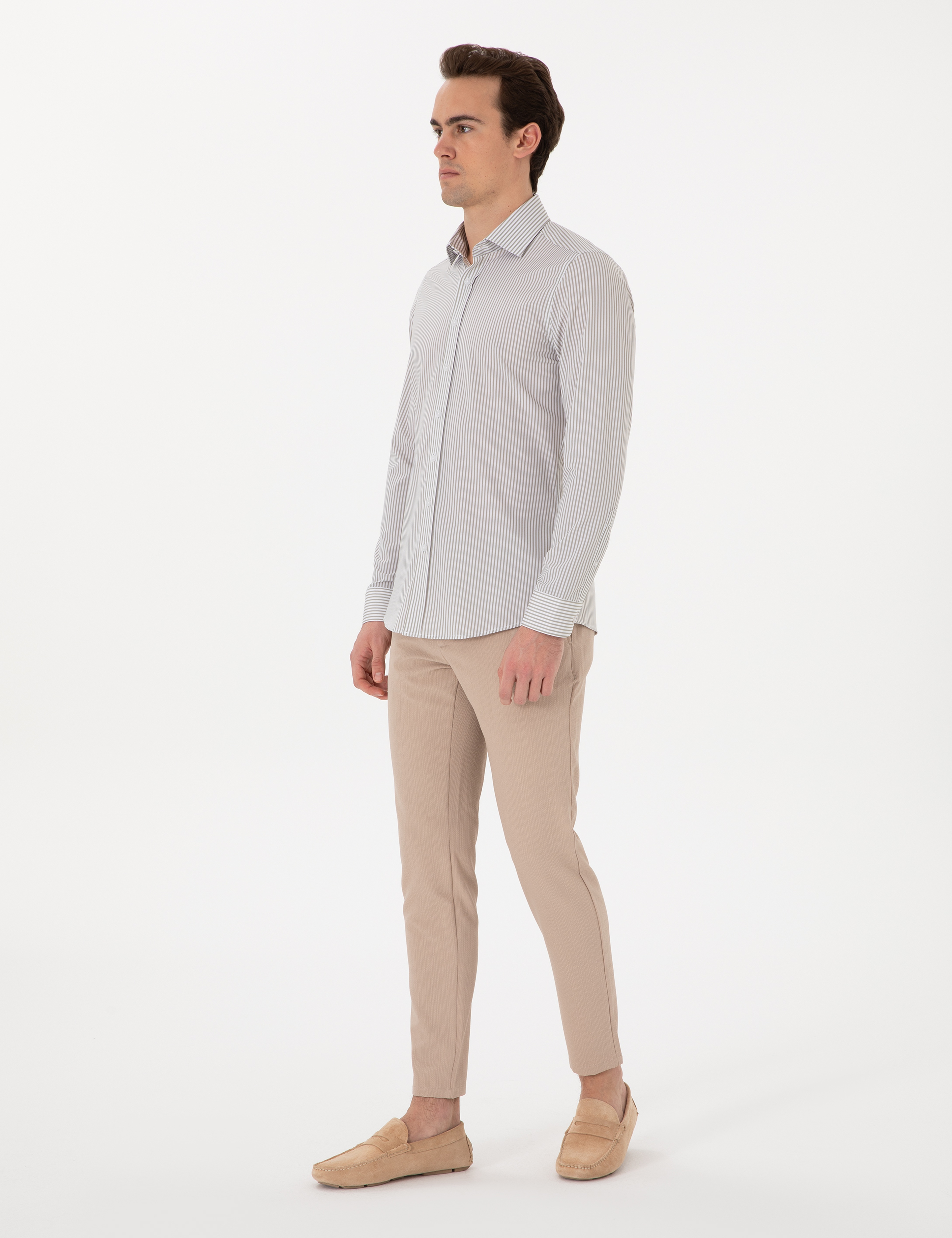 Haki Likralı Çizgili Ekstra Slim Fit Uzun Kollu Gömlek - Image 4