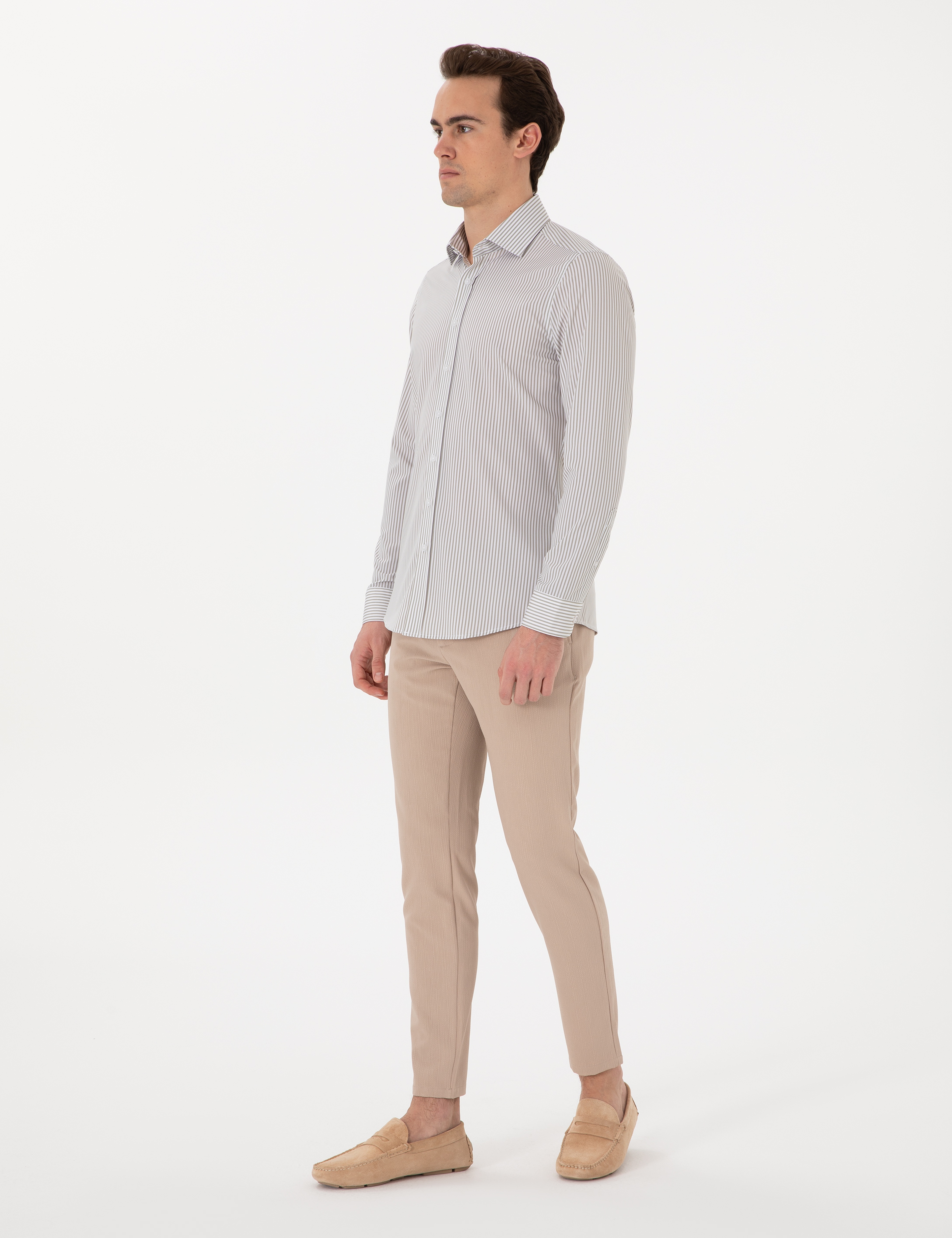 Haki Likralı Çizgili Ekstra Slim Fit Uzun Kollu Gömlek