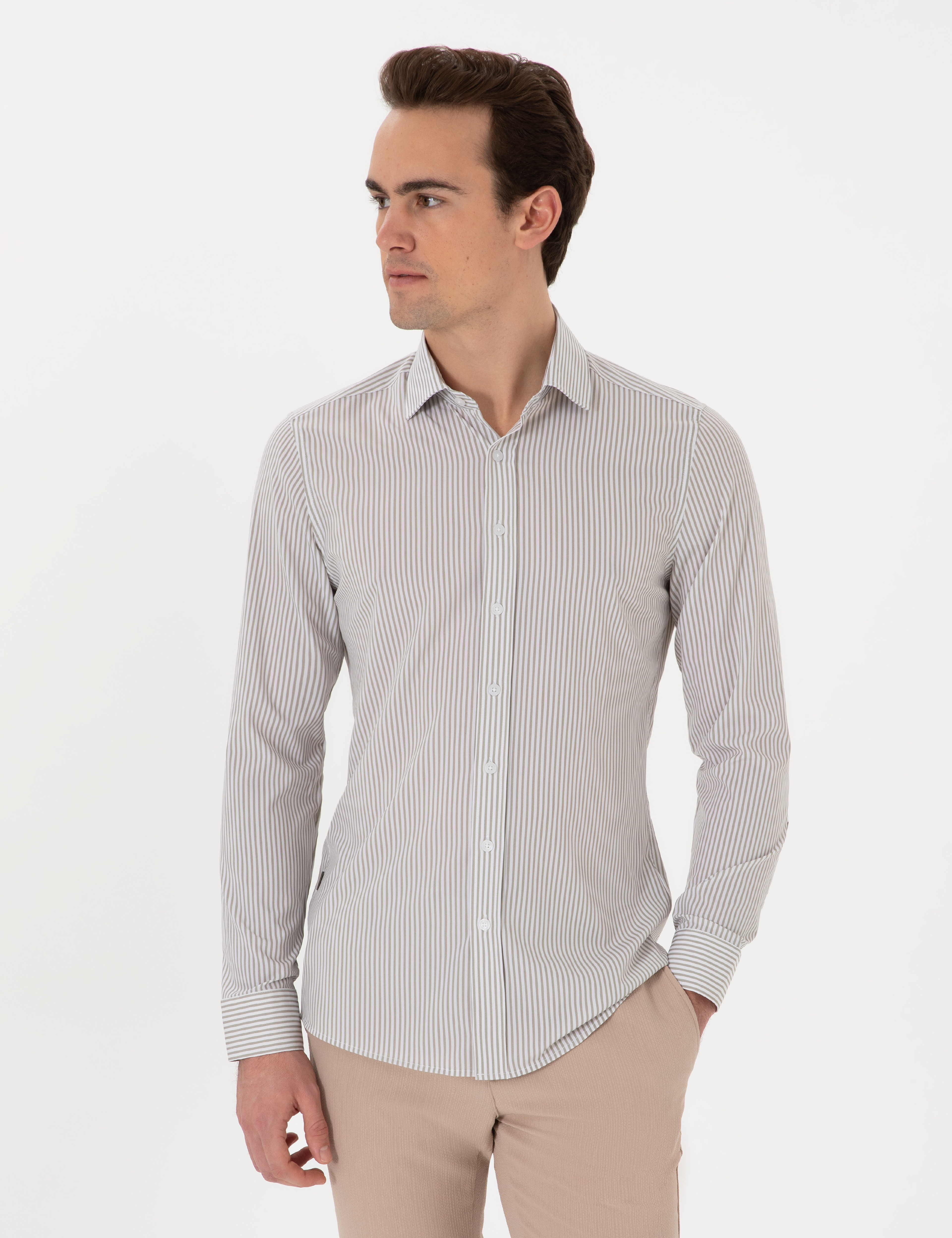 Haki Likralı Çizgili Ekstra Slim Fit Uzun Kollu Gömlek