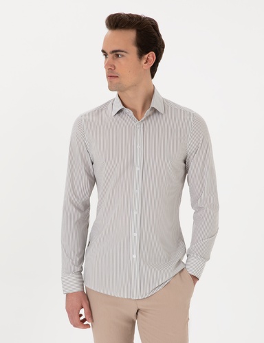 Haki Likralı Çizgili Ekstra Slim Fit Uzun Kollu Gömlek