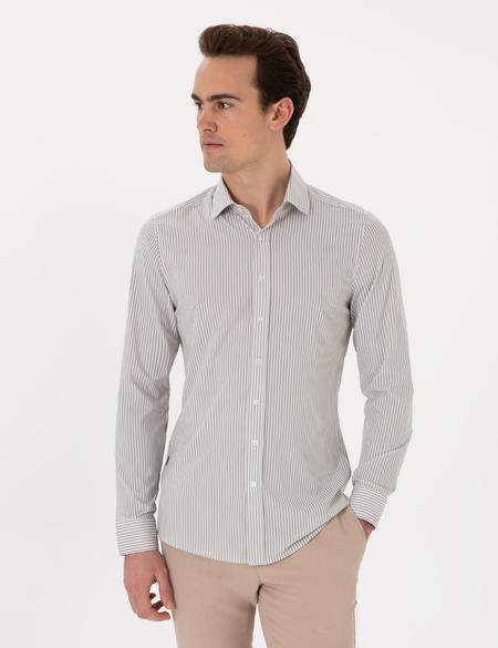 Haki Likralı Çizgili Ex. Slim Fit Uzun Kollu Gömlek - 50303897019