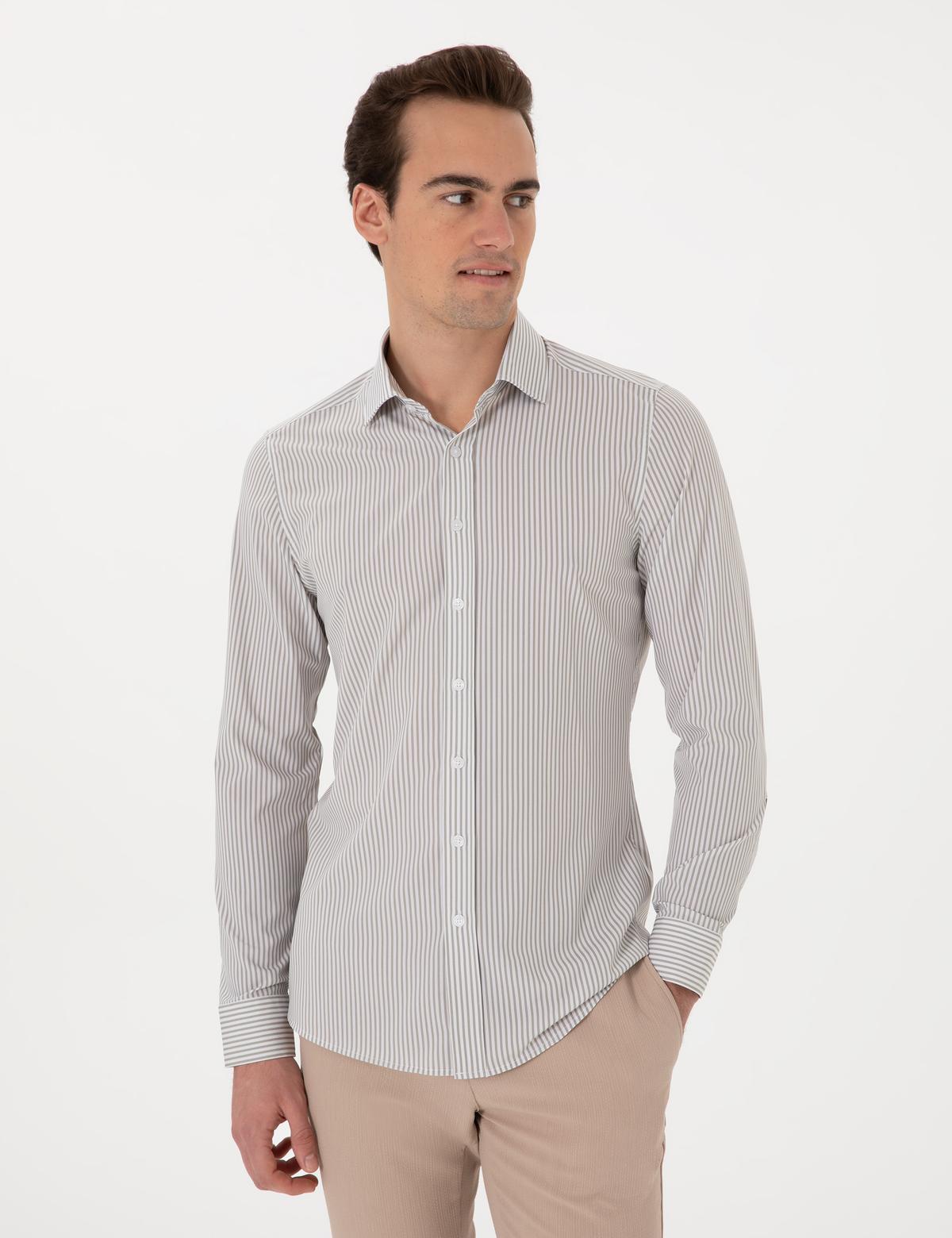 Haki Likralı Çizgili Ex. Slim Fit Uzun Kollu Gömlek - 50303897019