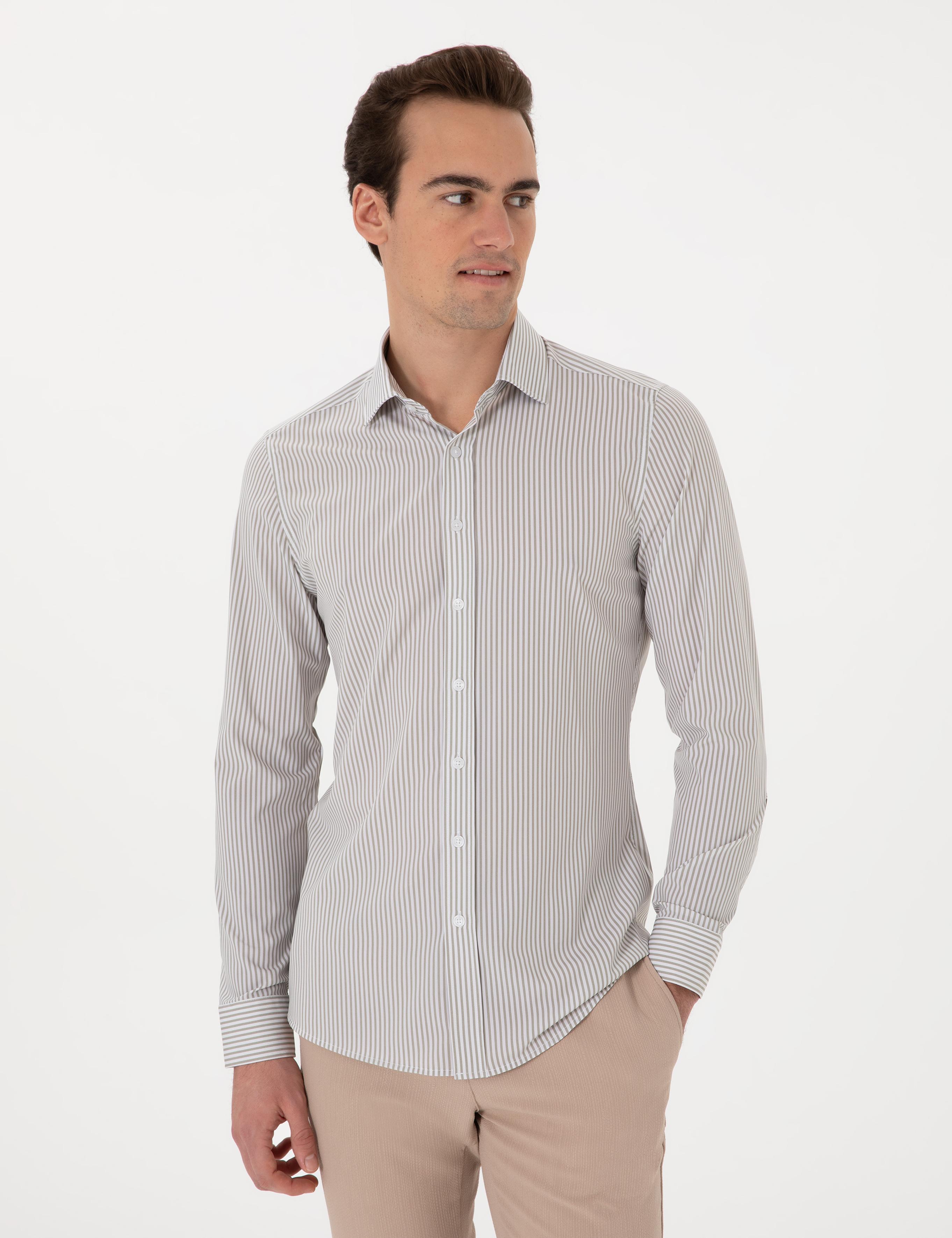 Haki Likralı Çizgili Ex. Slim Fit Uzun Kollu Gömlek