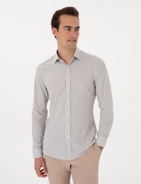 Haki Likralı Çizgili Ex. Slim Fit Uzun Kollu Gömlek - 50303897019