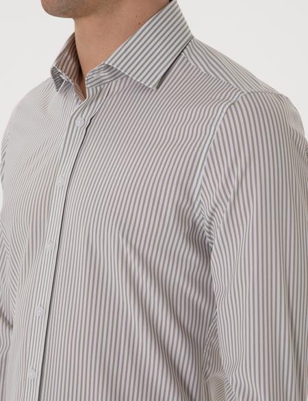 Haki Likralı Çizgili Ex. Slim Fit Uzun Kollu Gömlek - 50303897019