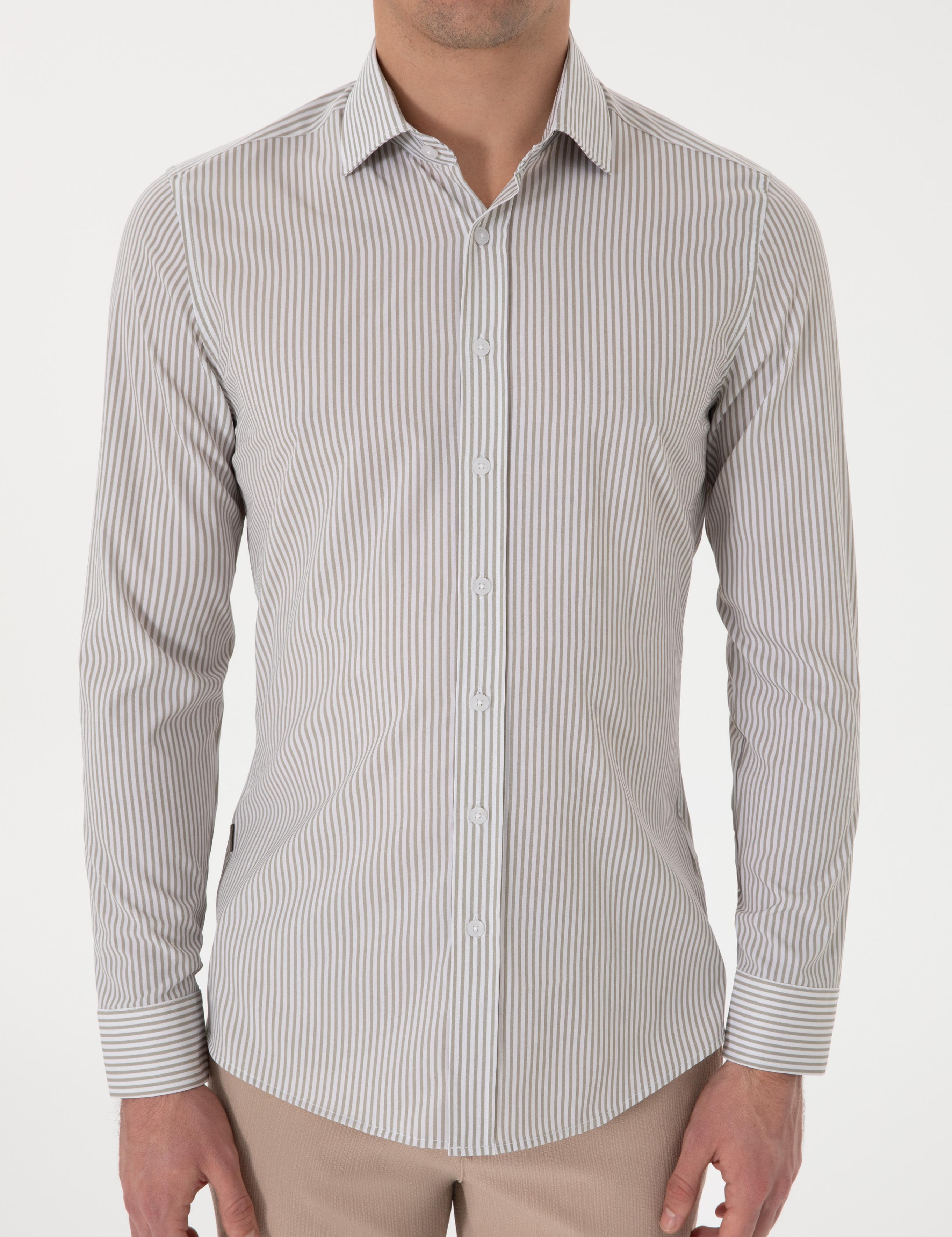Haki Likralı Çizgili Ex. Slim Fit Uzun Kollu Gömlek