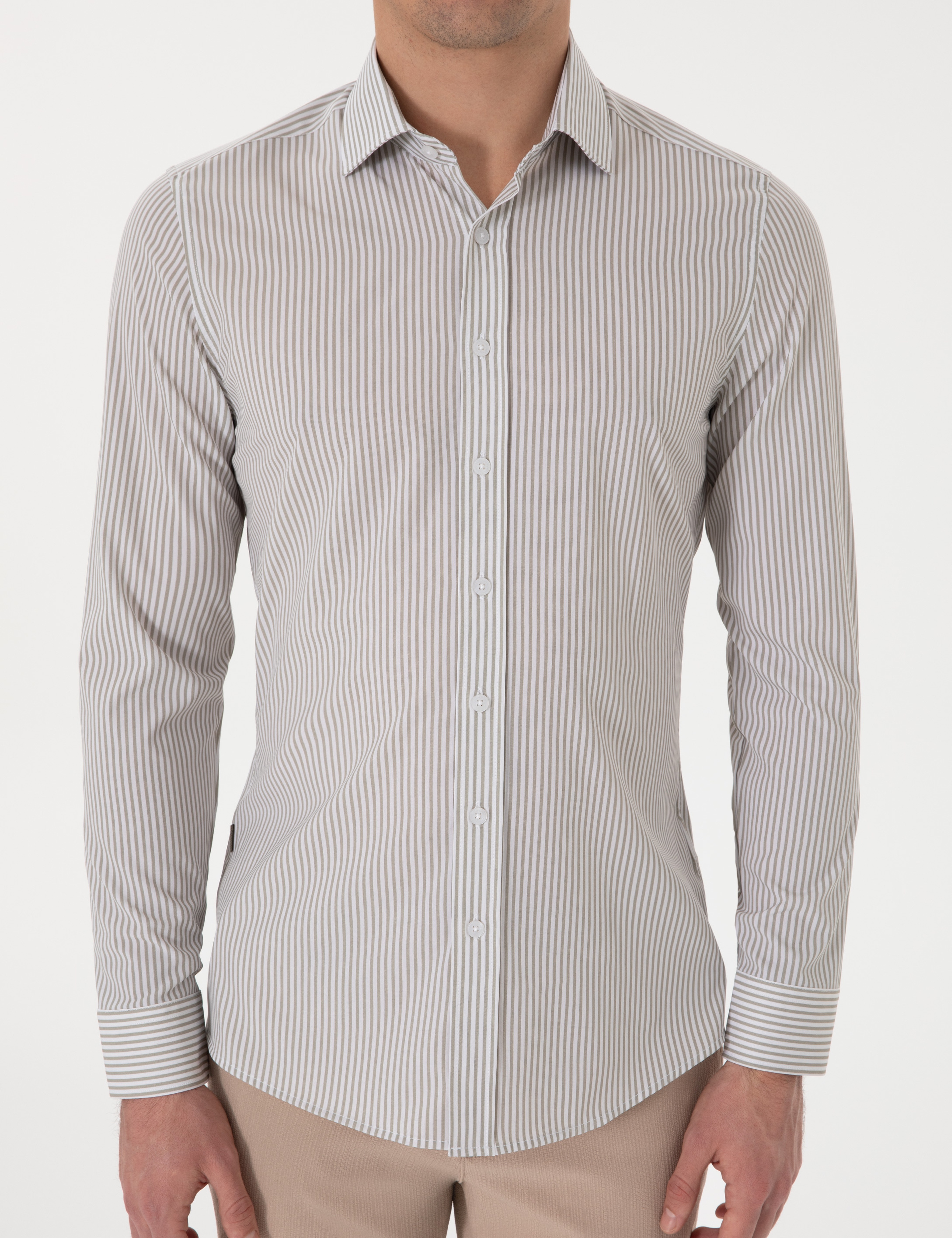 Haki Likralı Çizgili Ekstra Slim Fit Uzun Kollu Gömlek