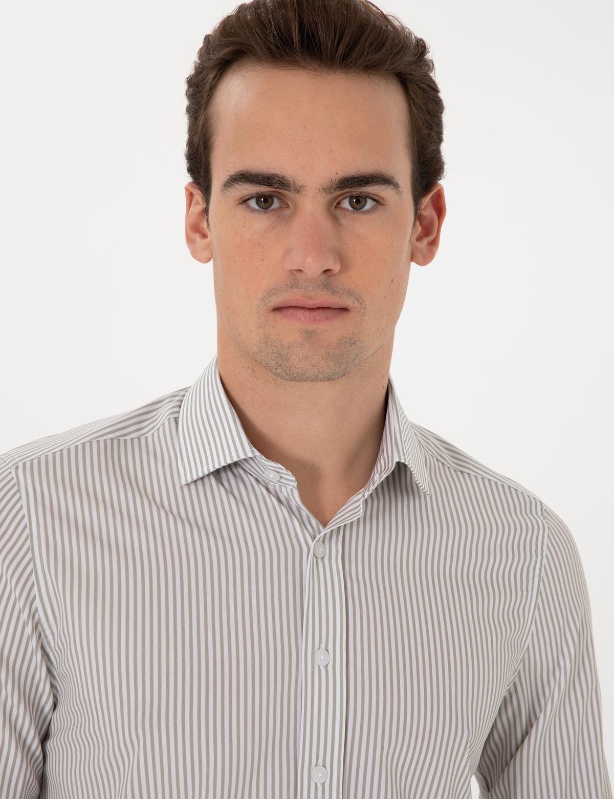 Haki Likralı Çizgili Ex. Slim Fit Uzun Kollu Gömlek - 50303897019