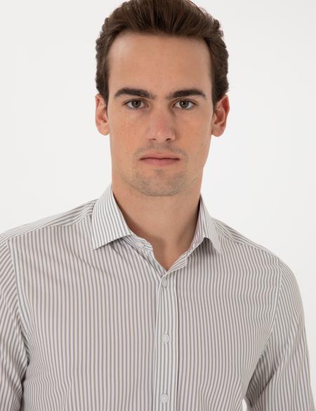 Haki Likralı Çizgili Ex. Slim Fit Uzun Kollu Gömlek - 50303897019