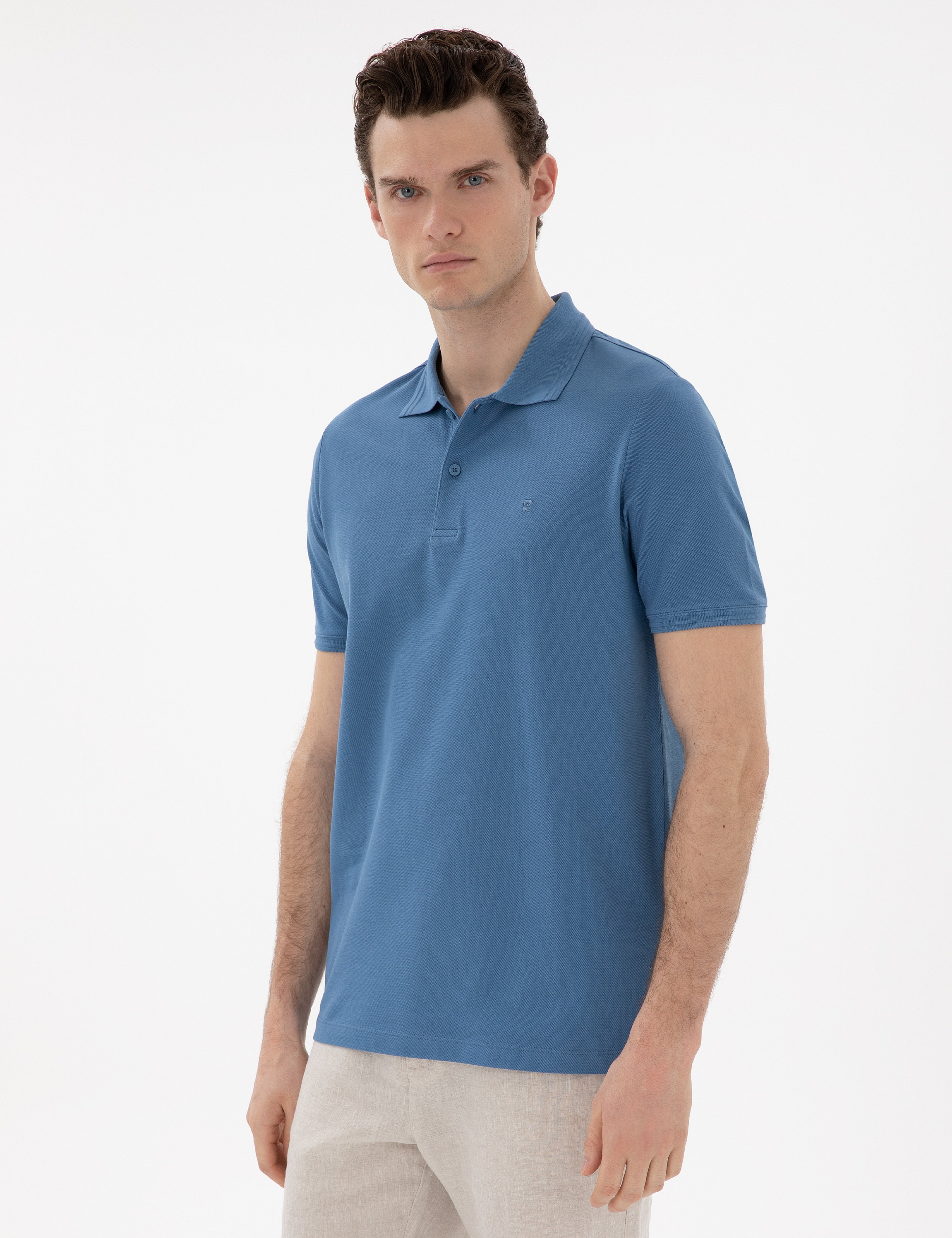 Koyu Mavi Regular Fit %100 Pamuk Polo Yaka Basic Tişört - Image 1