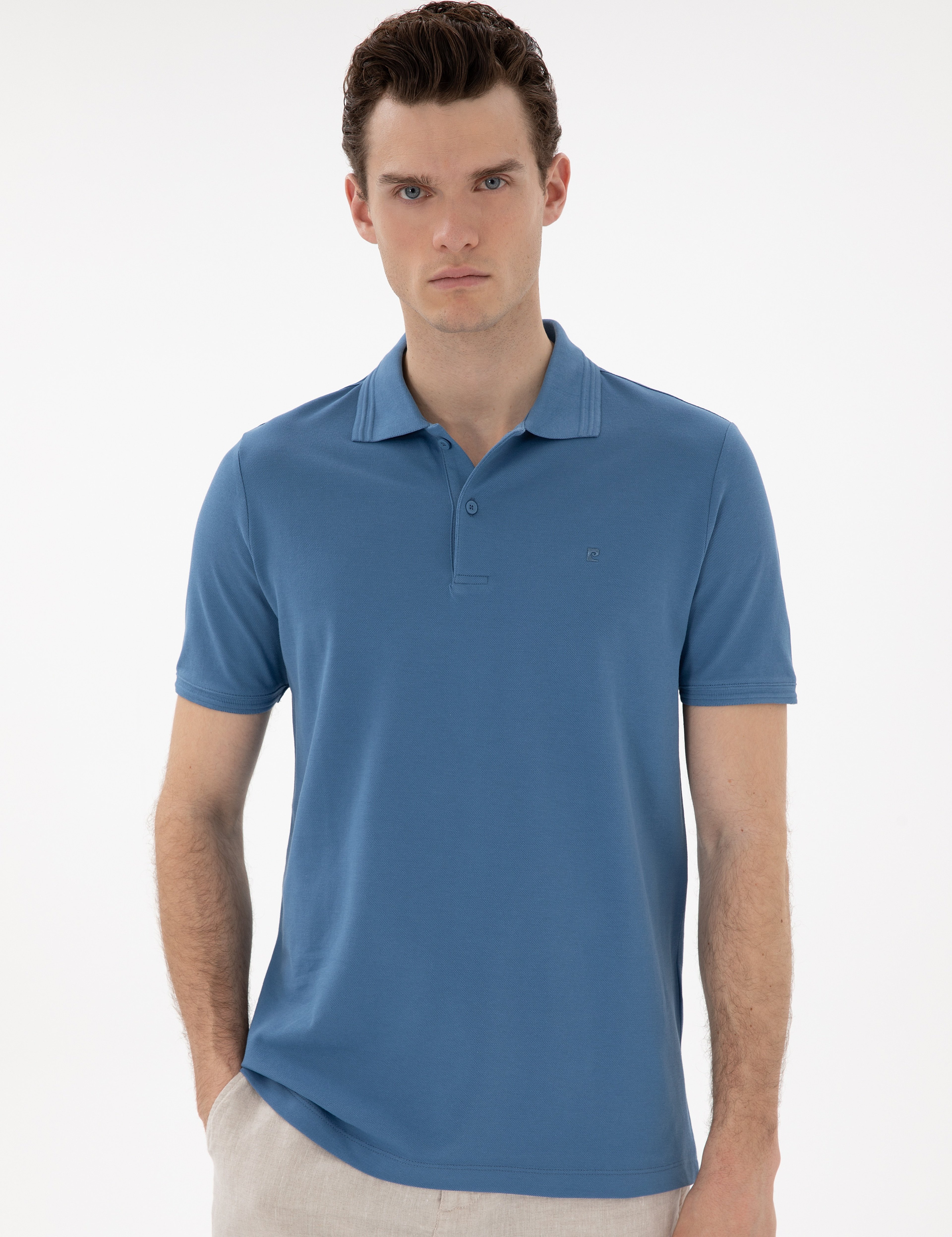 Koyu Mavi Regular Fit %100 Pamuk Polo Yaka Basic Tişört - Image 3