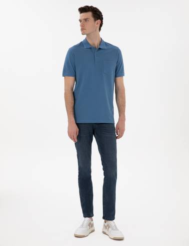 Koyu Mavi Regular Fit %100 Pamuk Cepli Polo Yaka Basic Tişört