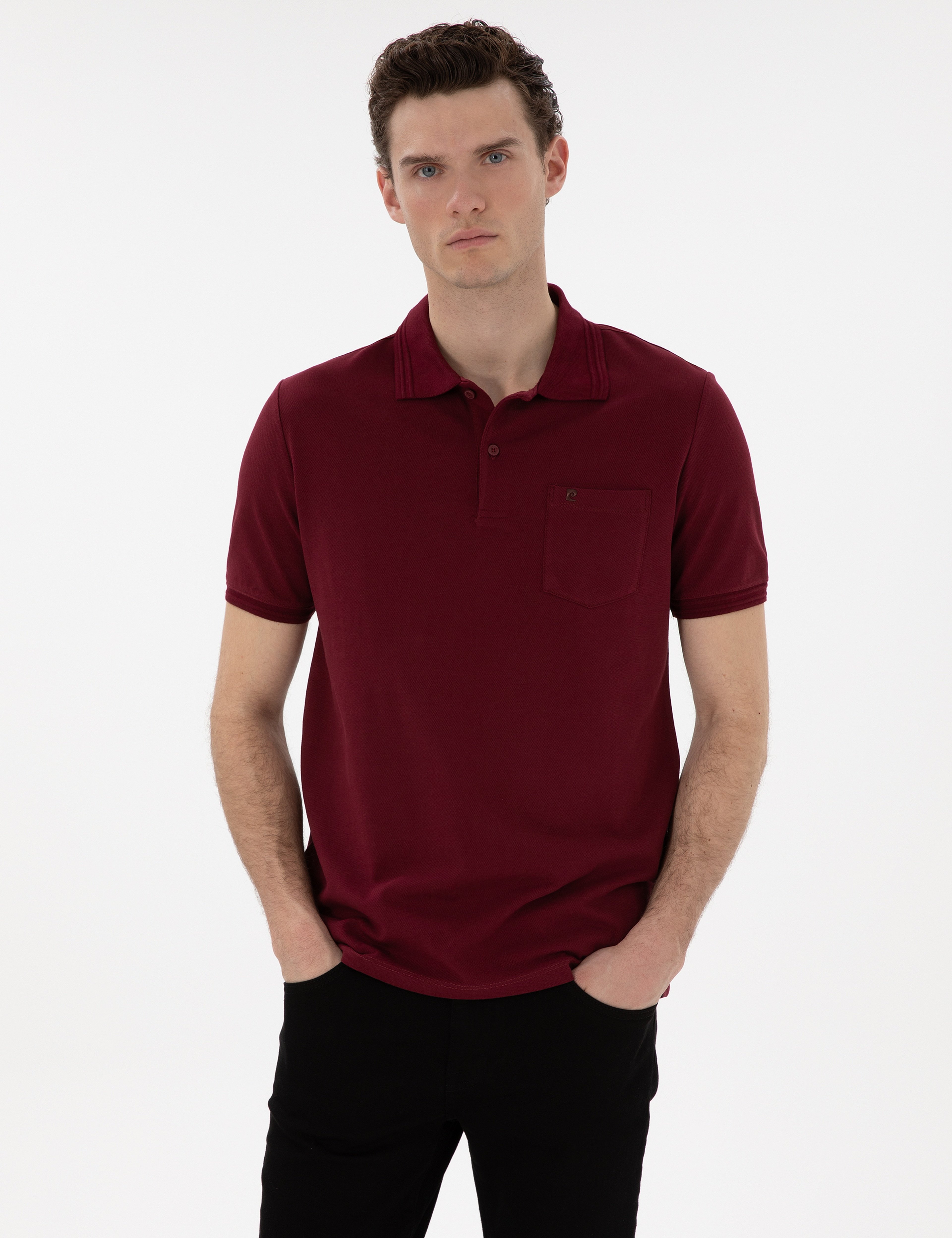 Bordo Regular Fit %100 Pamuk Cepli Düğmeli Polo Yaka Basic Tişört - Image 1
