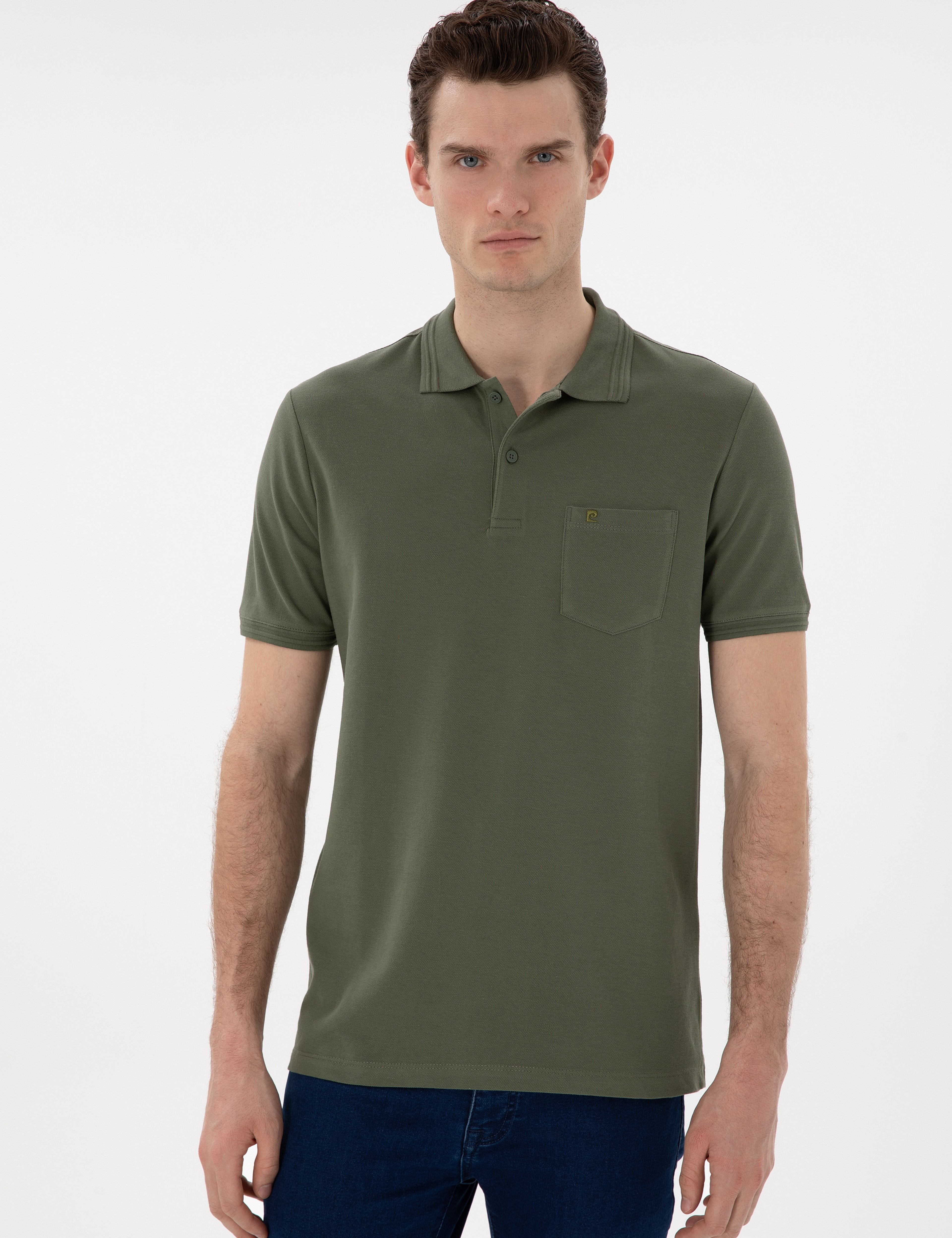 Haki Regular Fit %100 Pamuk Cepli Düğmeli Polo Yaka Basic Tişört - Image 3