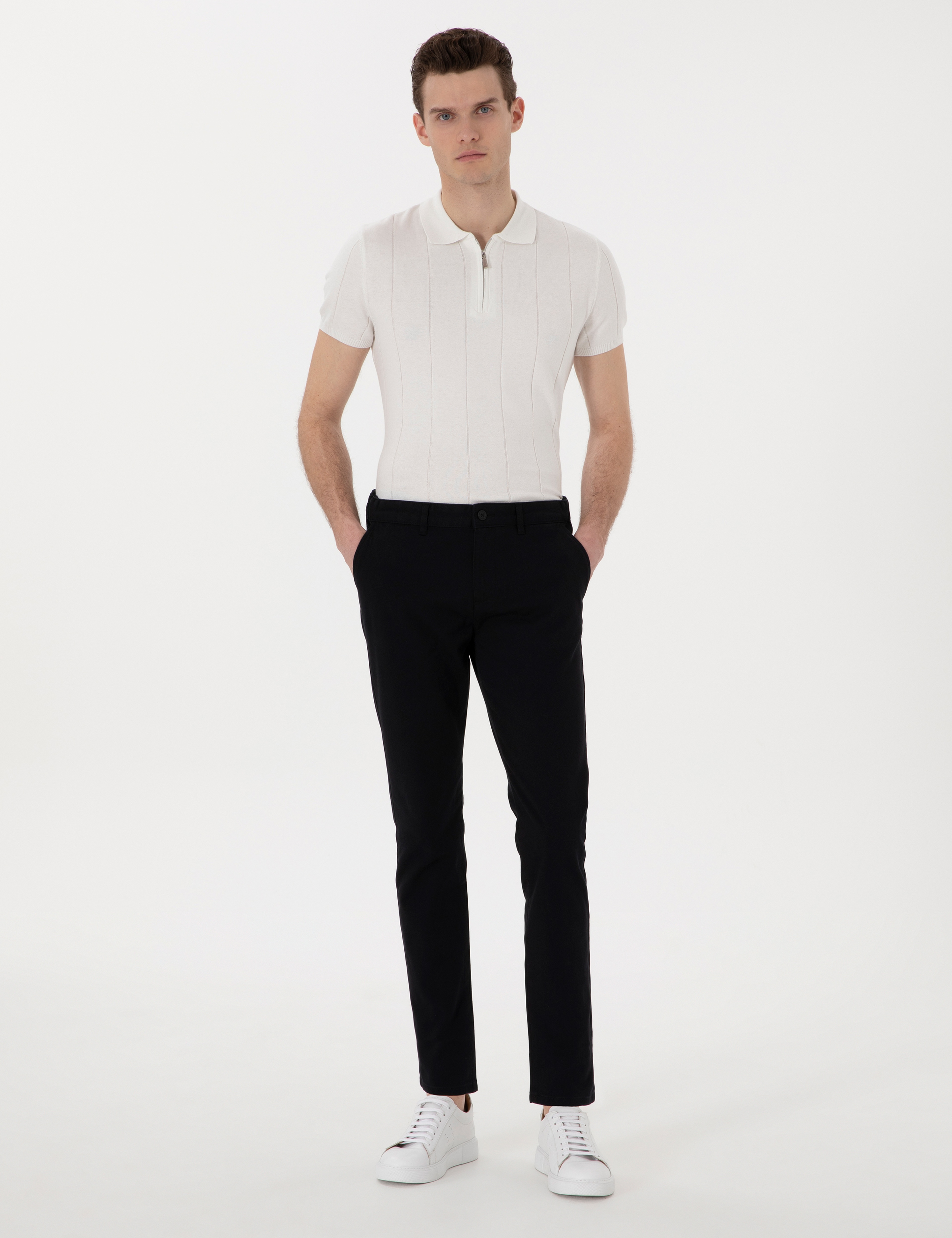 Siyah Slim Fit Beli Lastikli Kanvas Pantolon - Image 3