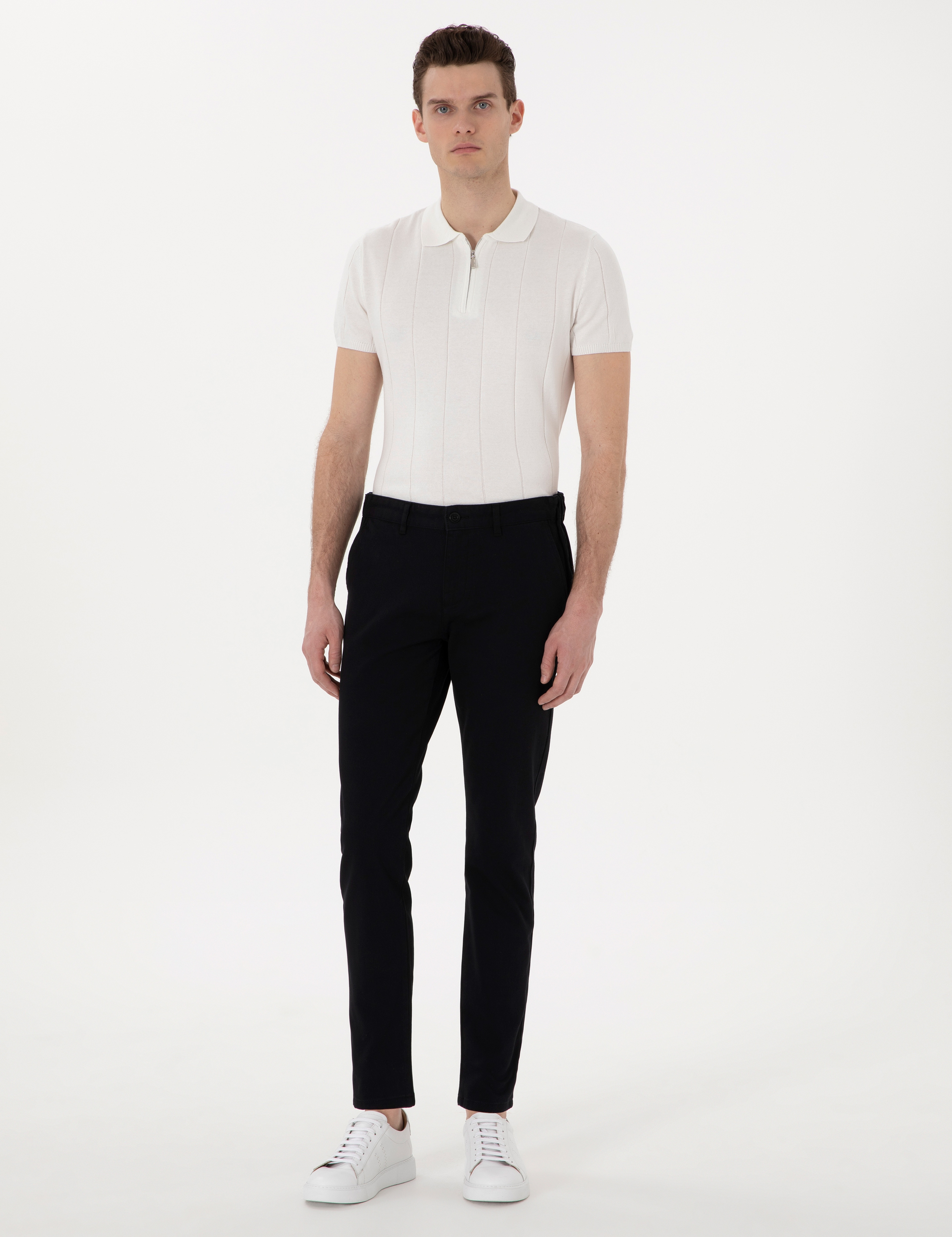 Siyah Slim Fit Beli Lastikli Kanvas Pantolon - Image 1