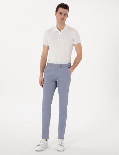 Açık Mavi Slim Fit Beli Lastikli Kanvas Pantolon