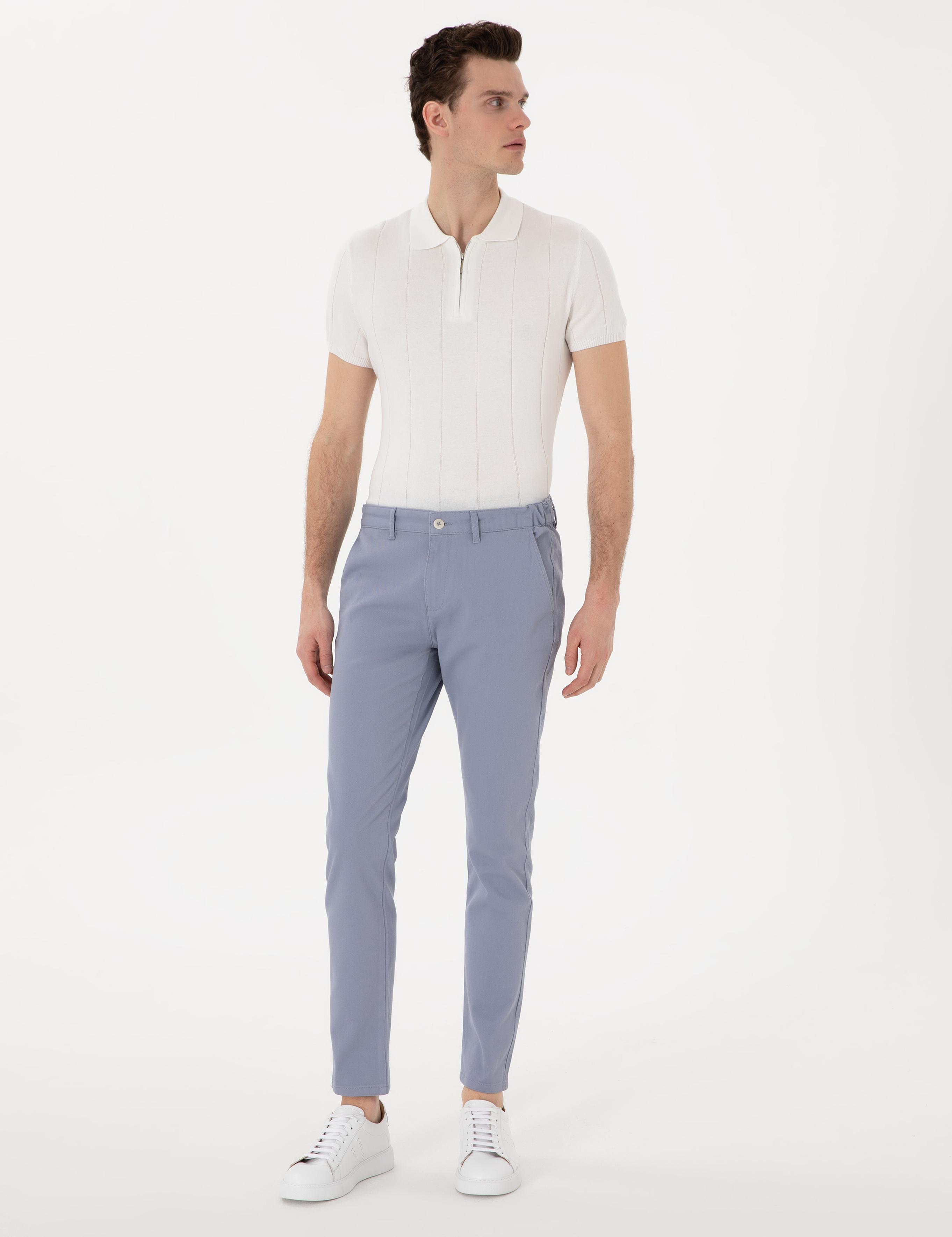 Açık Mavi Slim Fit Beli Lastikli Kanvas Pantolon