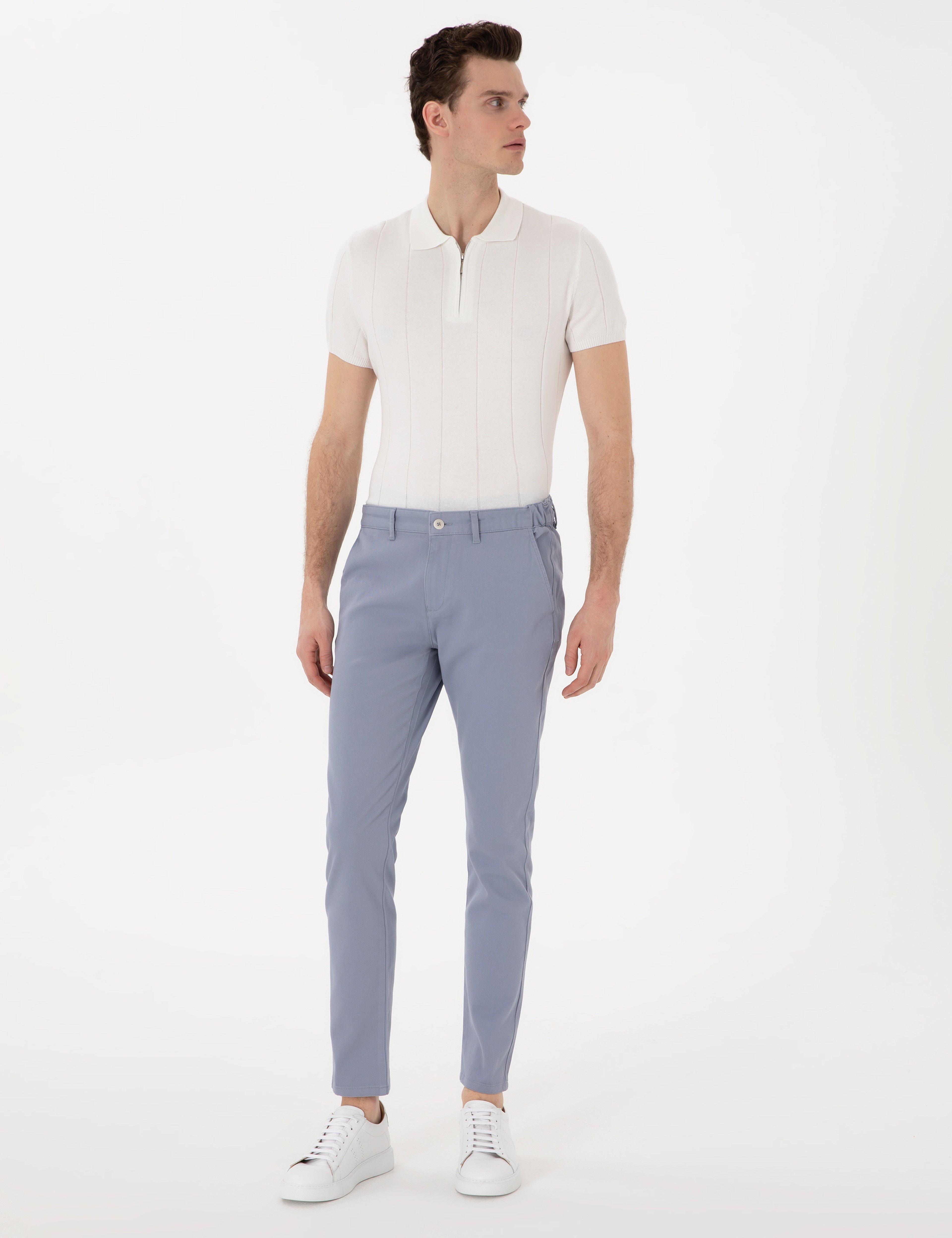 Açık Mavi Slim Fit Beli Lastikli Kanvas Pantolon - Image 3