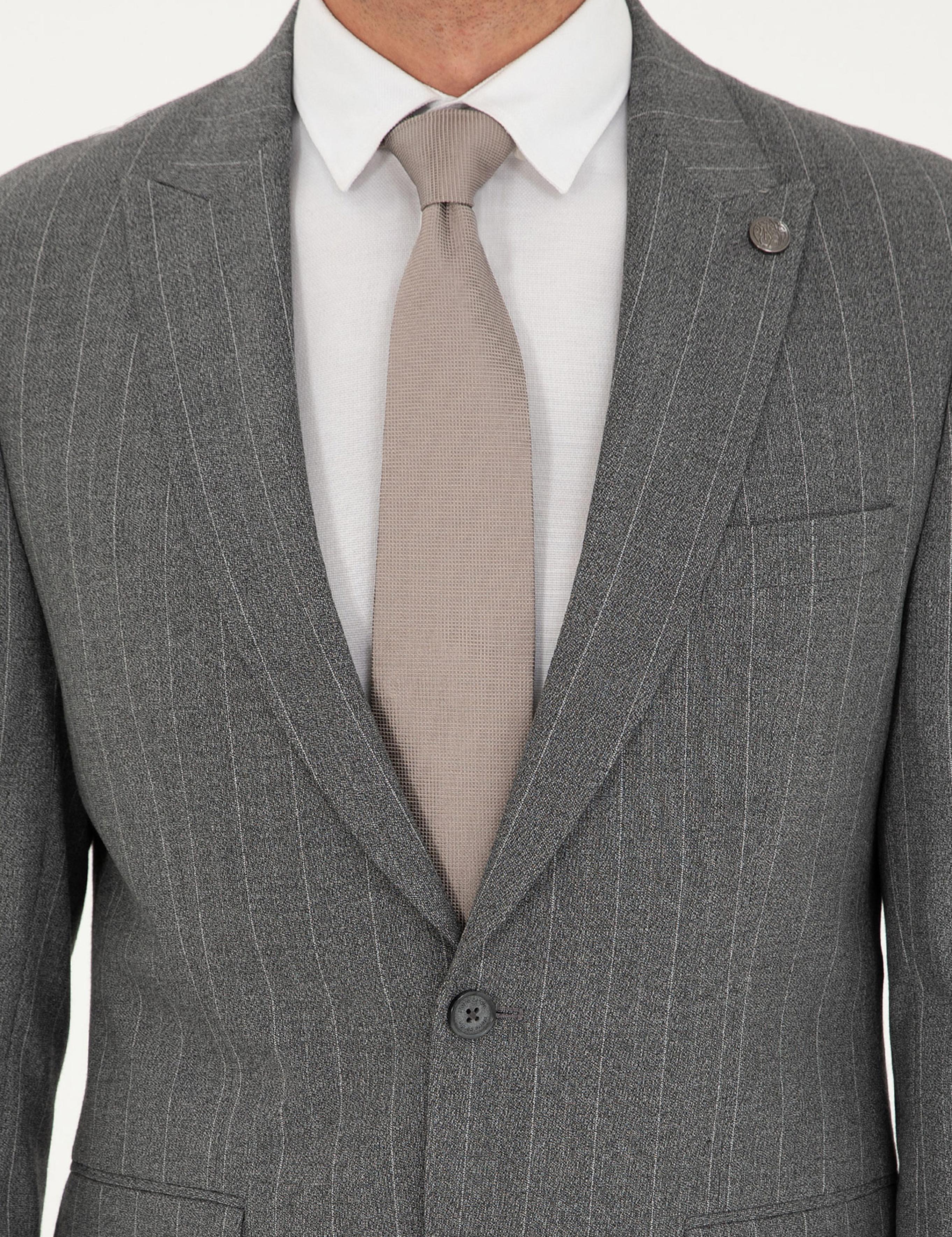 Füme Slim Fit Çizgili Takım Elbise