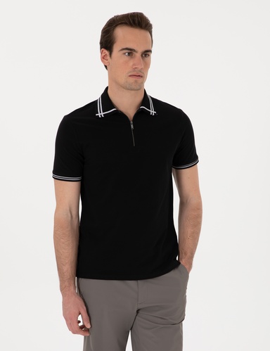 Siyah Slim Fit %100 Pamuk Fermuarlı Polo Yaka Tişört
