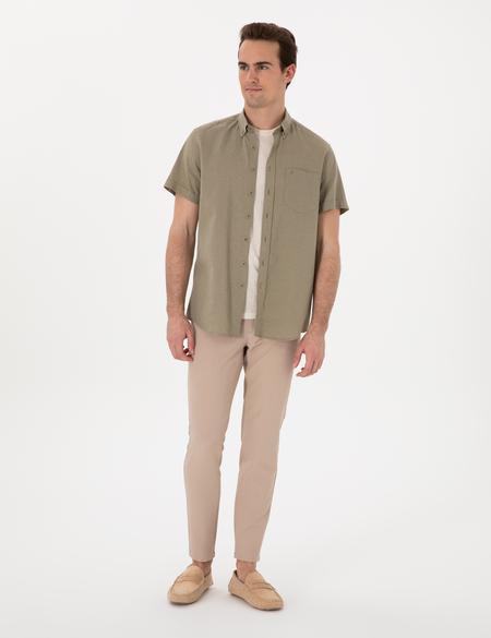 Haki Keten Karışımlı Regular Fit Kısa Kollu Gömlek - 50303287010
