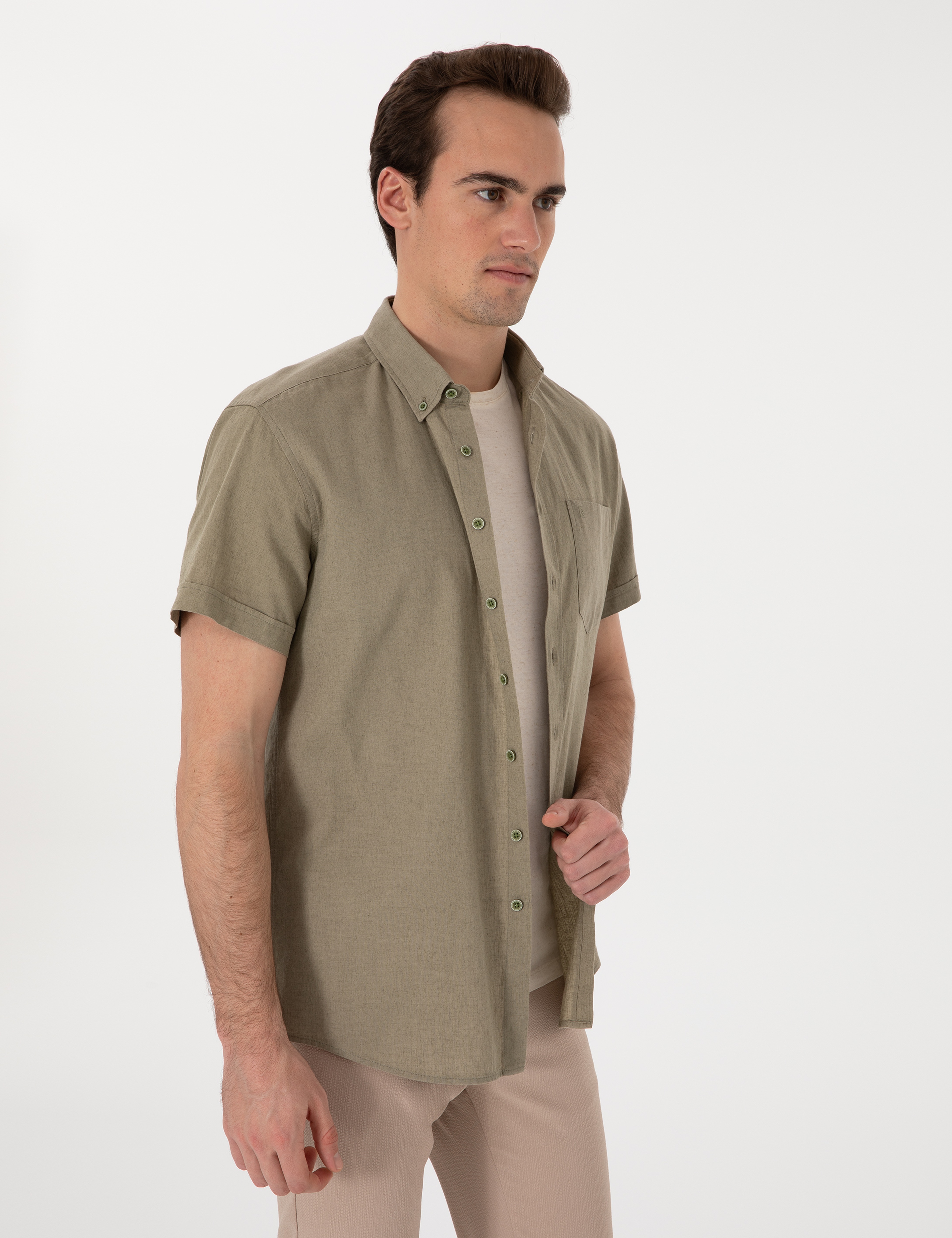 Haki Keten Karışımlı Regular Fit Kısa Kollu Gömlek - Image 3