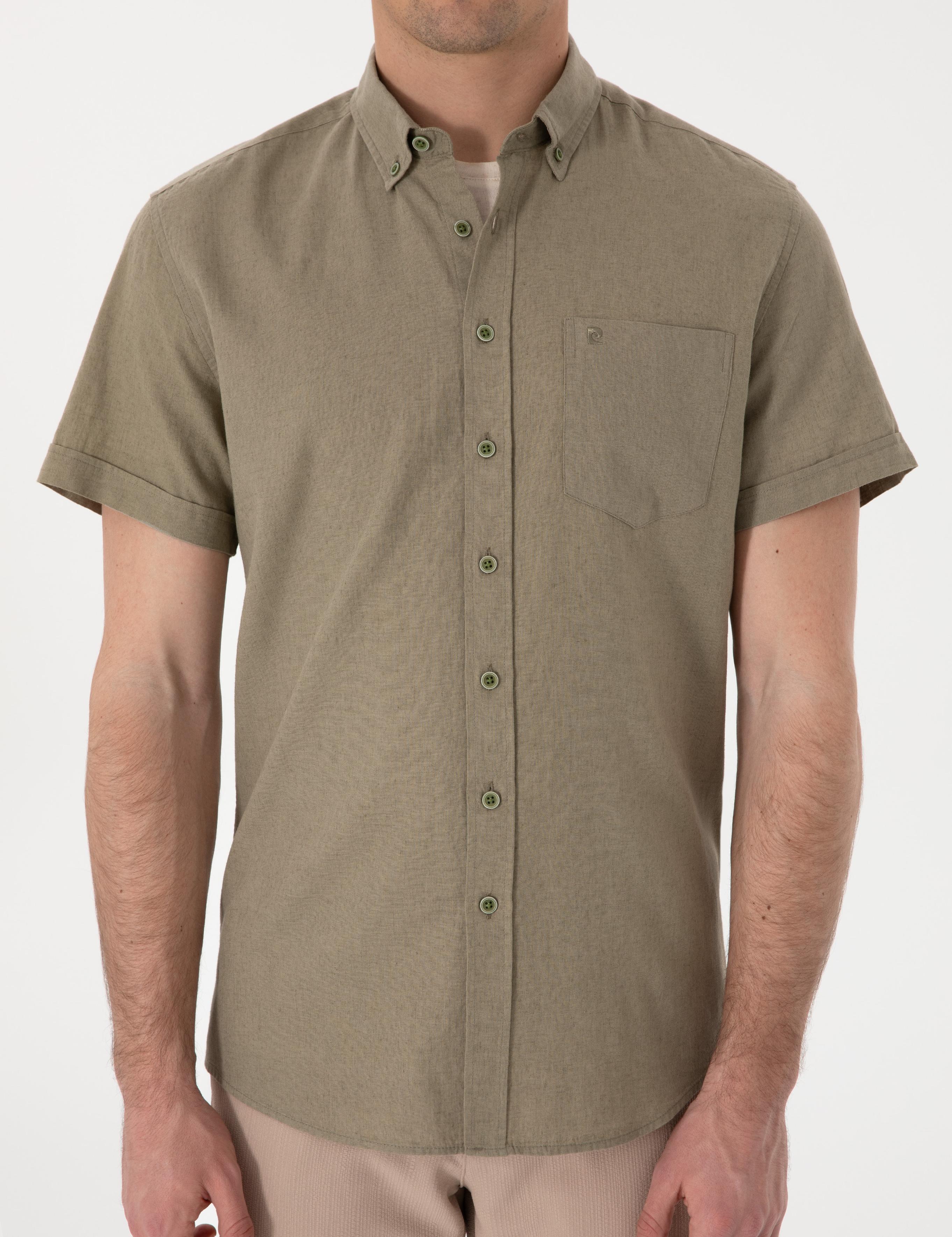 Haki Keten Karışımlı Regular Fit Kısa Kollu Gömlek