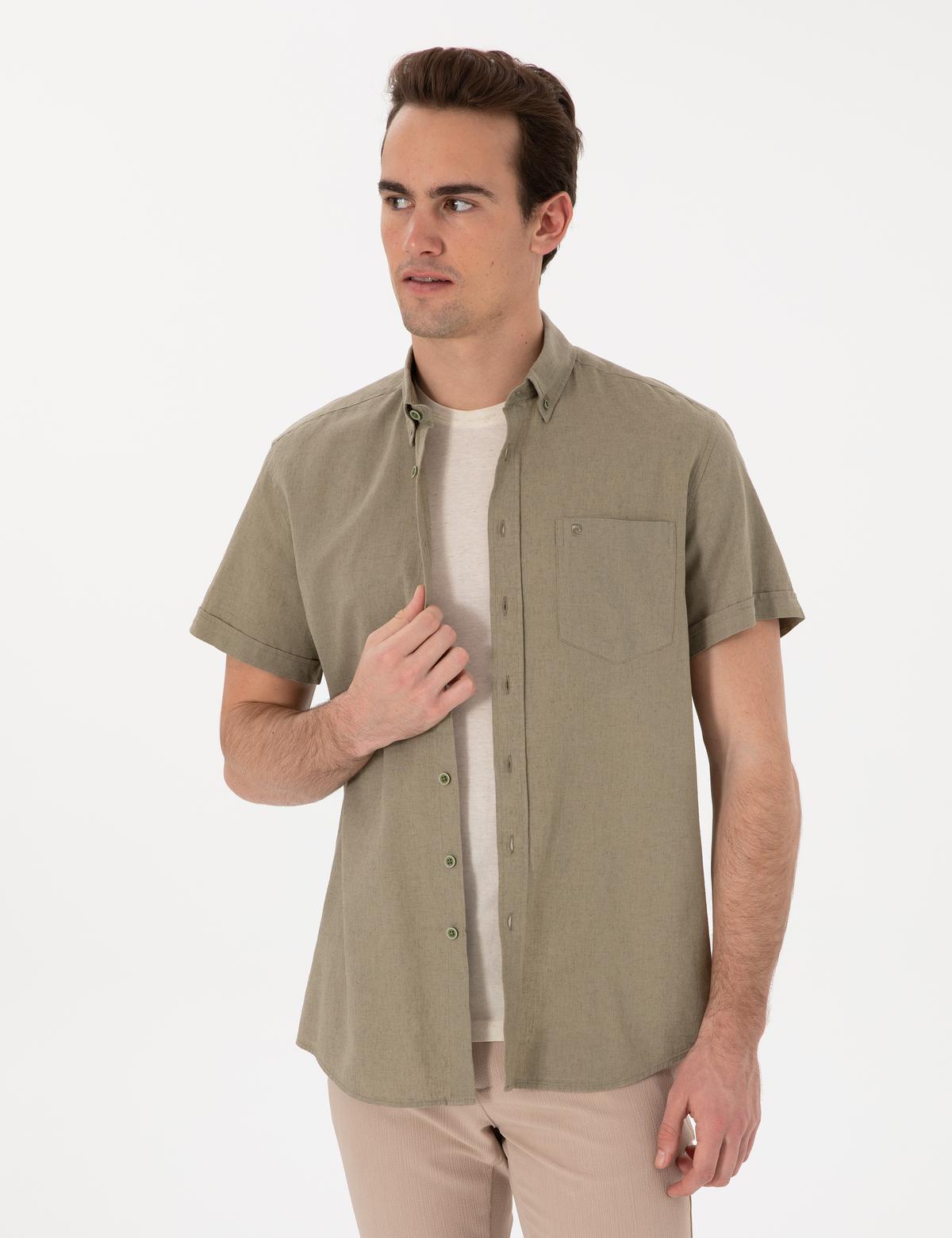 Haki Keten Karışımlı Regular Fit Kısa Kollu Gömlek