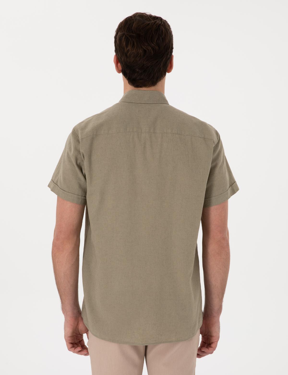 Haki Keten Karışımlı Regular Fit Kısa Kollu Gömlek - 50303287010