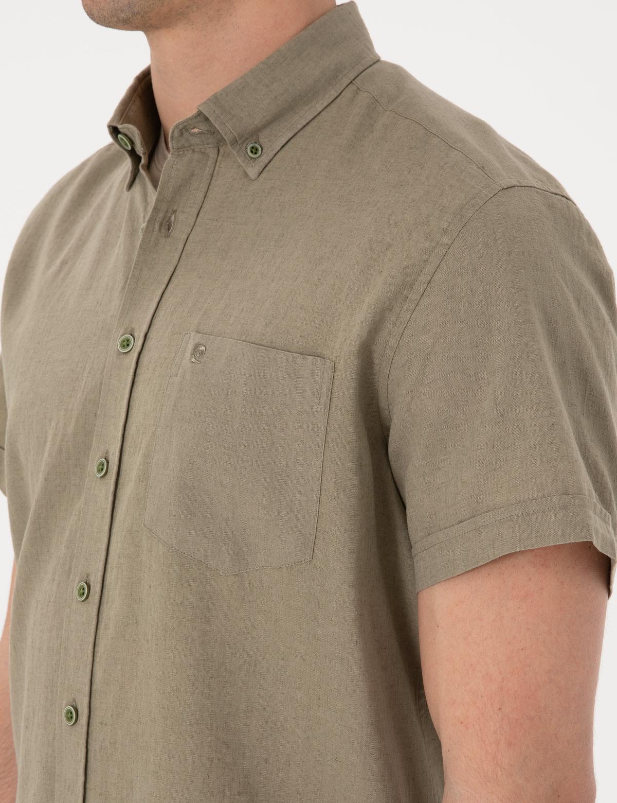 Haki Keten Karışımlı Regular Fit Kısa Kollu Gömlek - 50303287010