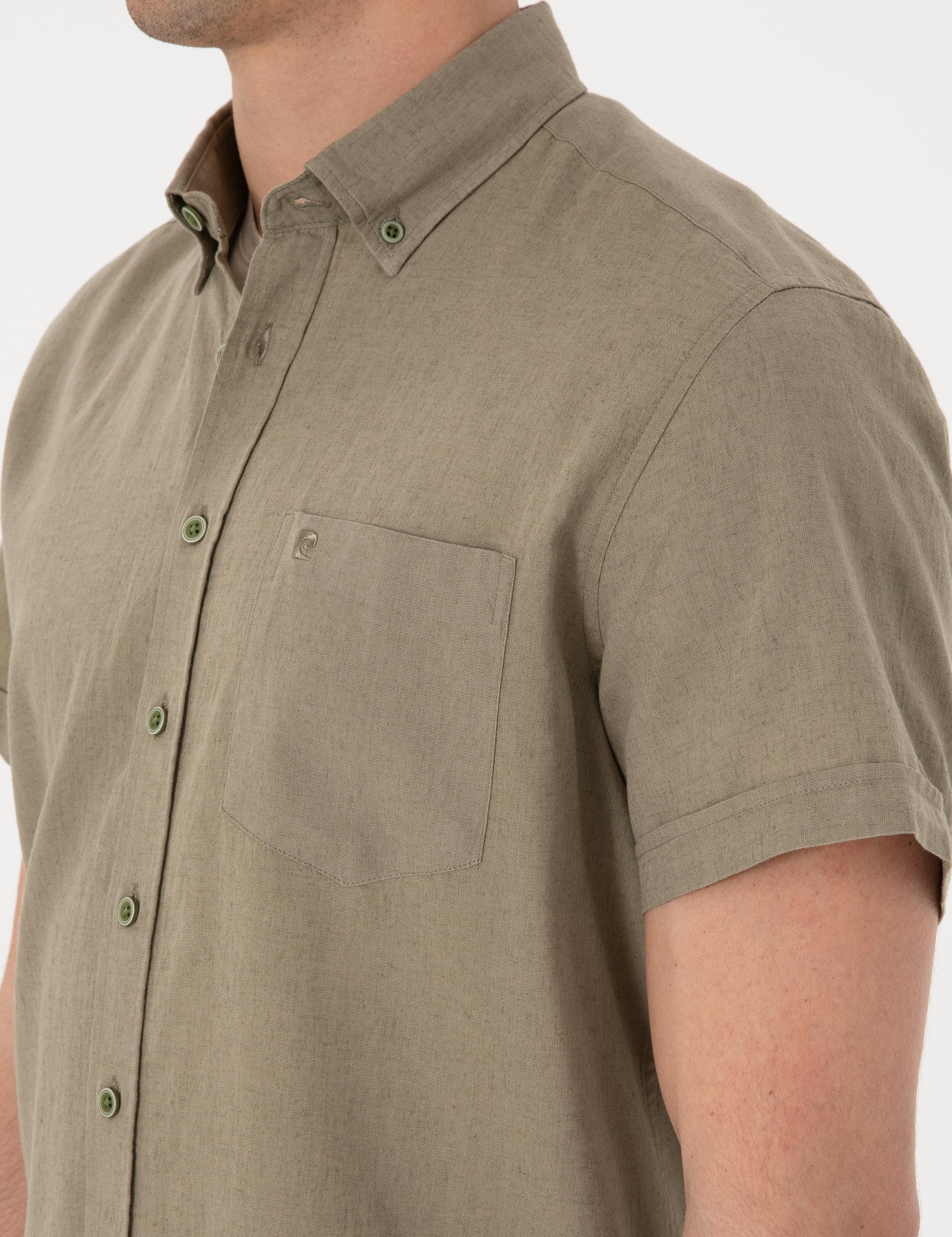 Haki Keten Karışımlı Regular Fit Kısa Kollu Gömlek