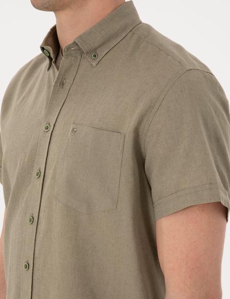 Haki Keten Karışımlı Regular Fit Kısa Kollu Gömlek - 50303287010