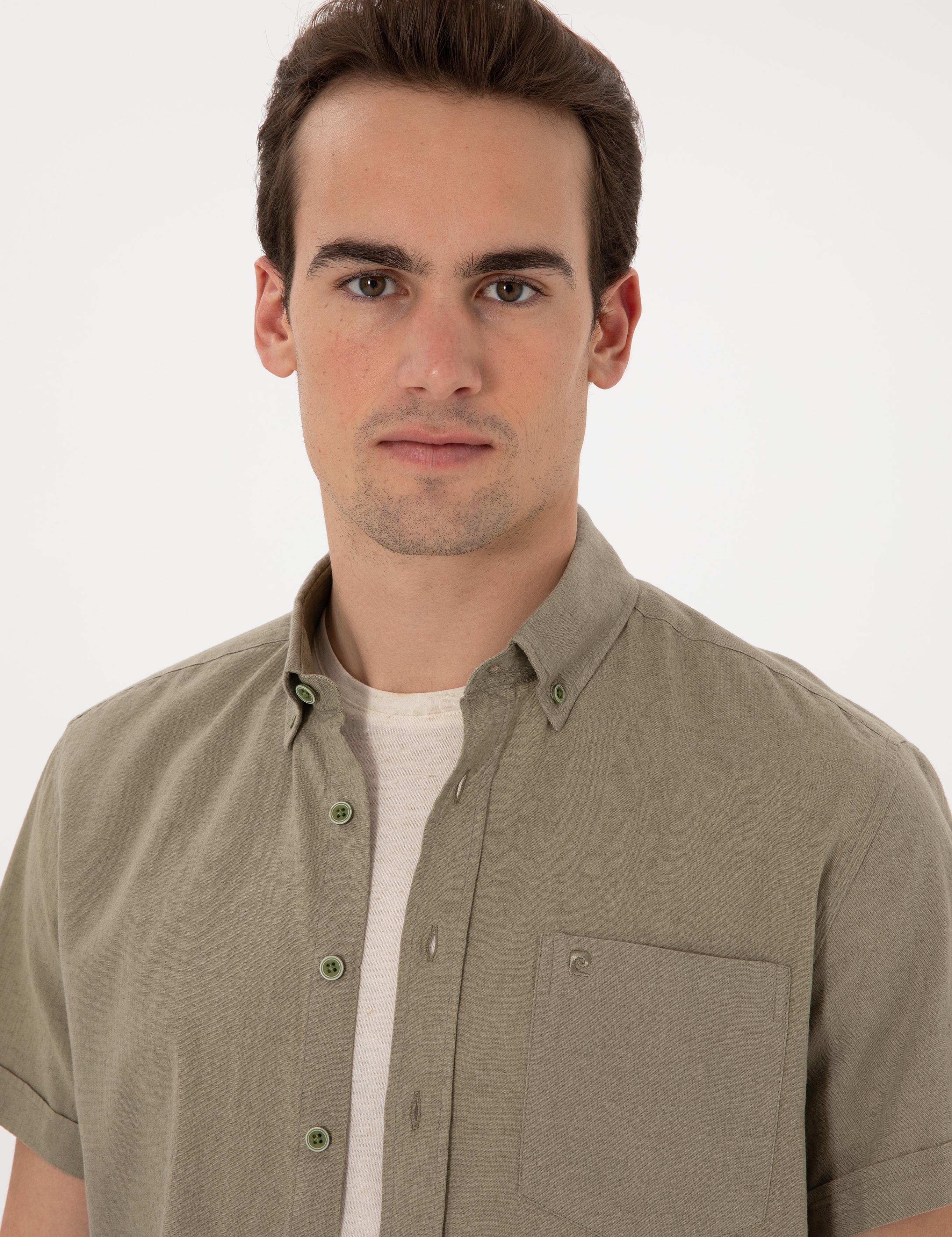 Haki Keten Karışımlı Regular Fit Kısa Kollu Gömlek