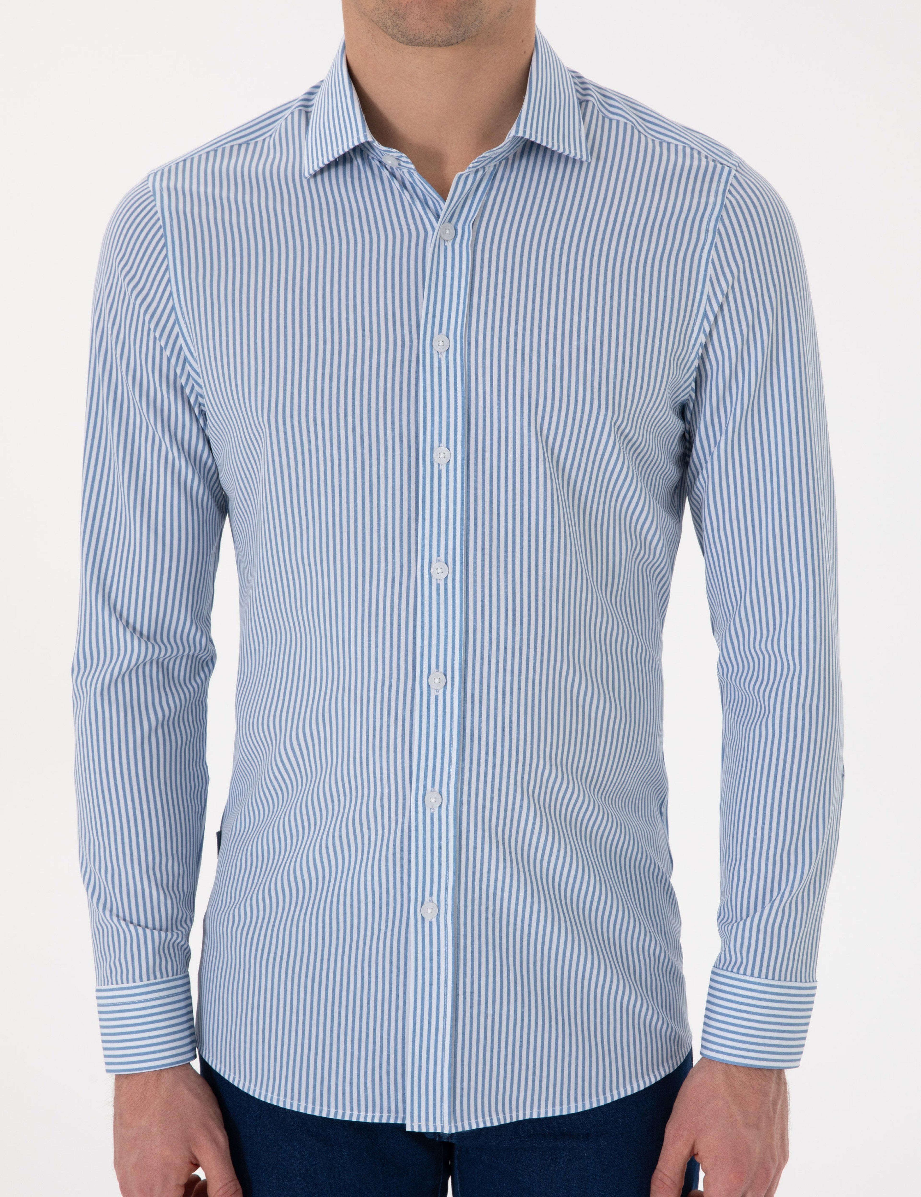 Mavii Likralı Çizgili Ekstra Slim Fit Uzun Kollu Gömlek