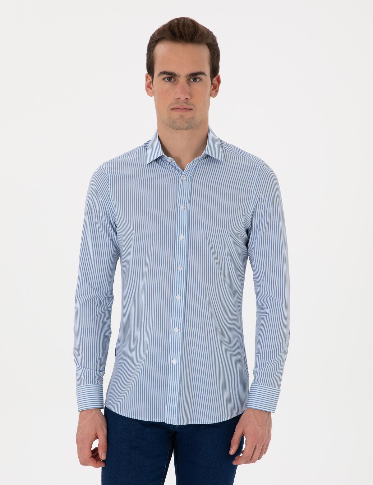 Mavi Likralı Ex. Slim Fit Uzun Kollu Gömlek