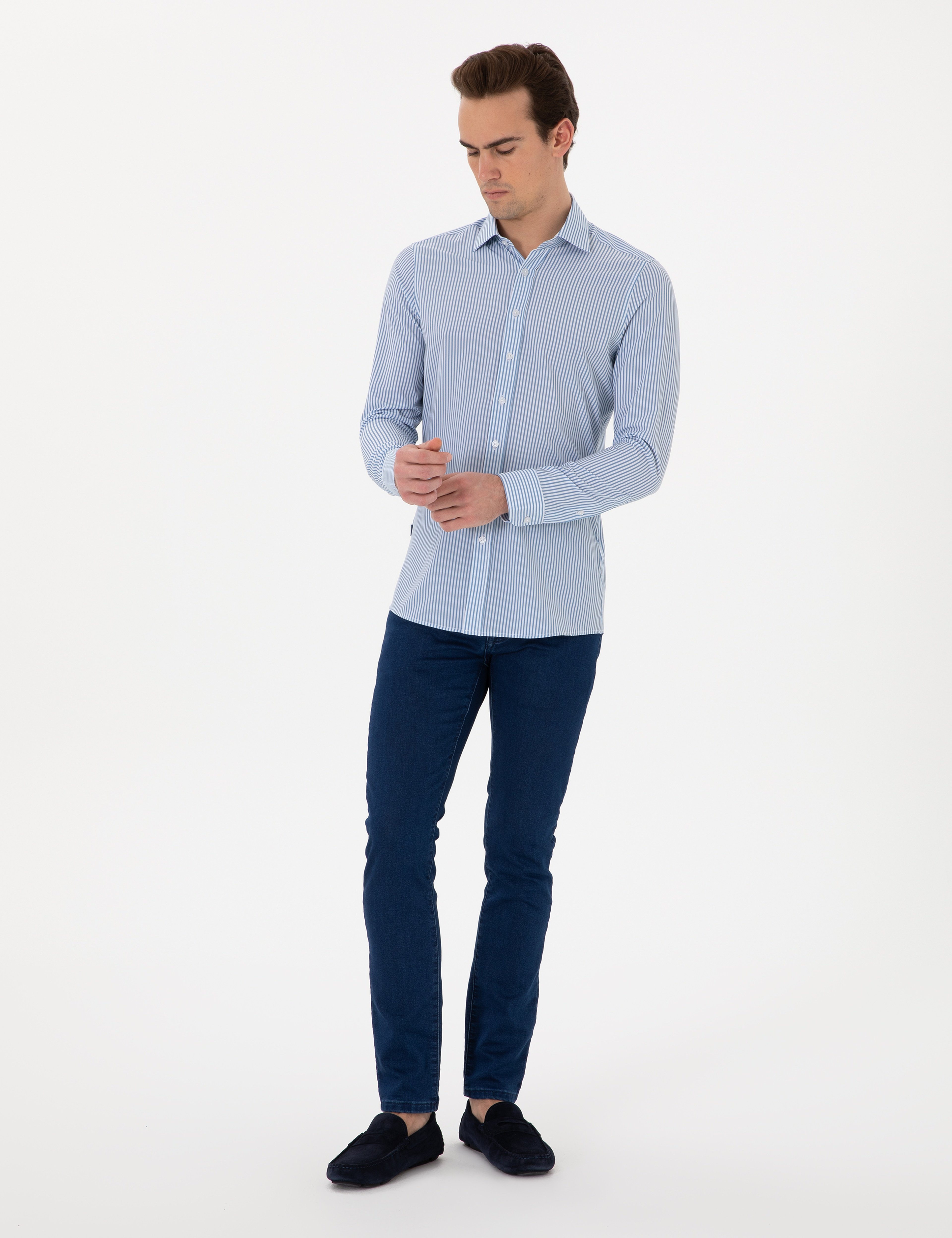 Mavii Likralı Çizgili Ekstra Slim Fit Uzun Kollu Gömlek