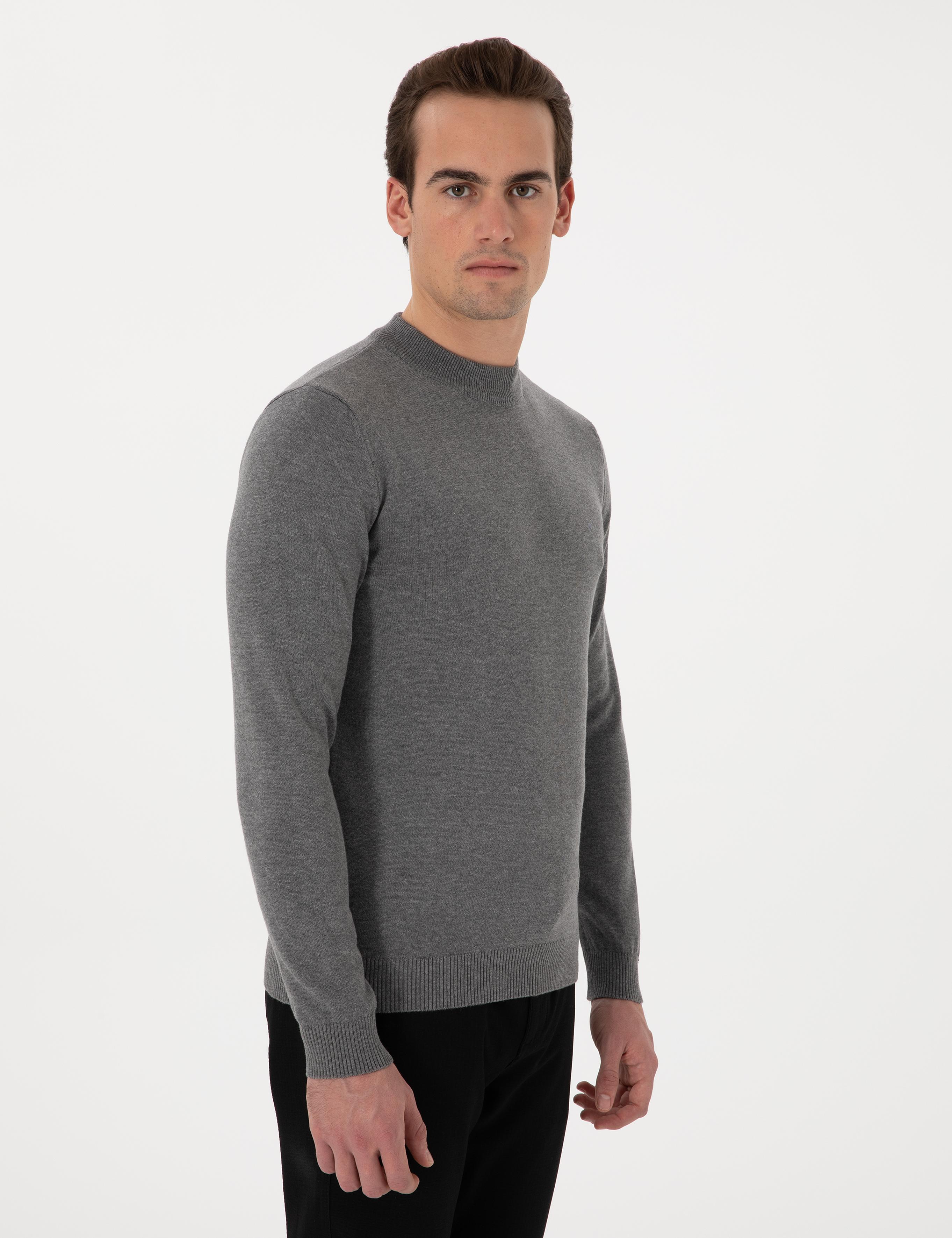 Gri Melanj Slim Fit Çeyrek Yaka Basic Triko Kazak