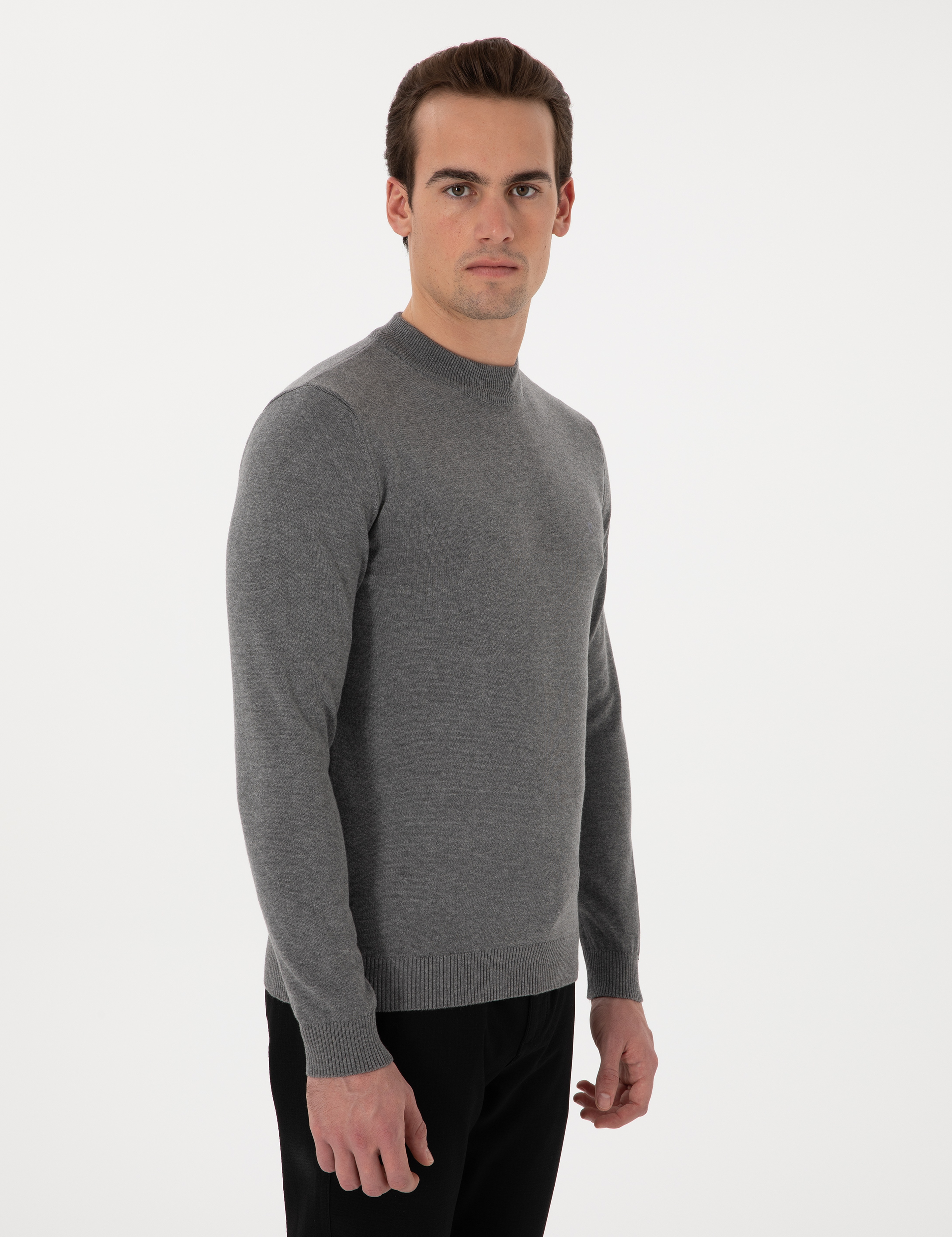 Gri Melanj Slim Fit Çeyrek Yaka Basic Triko Kazak - Image 3
